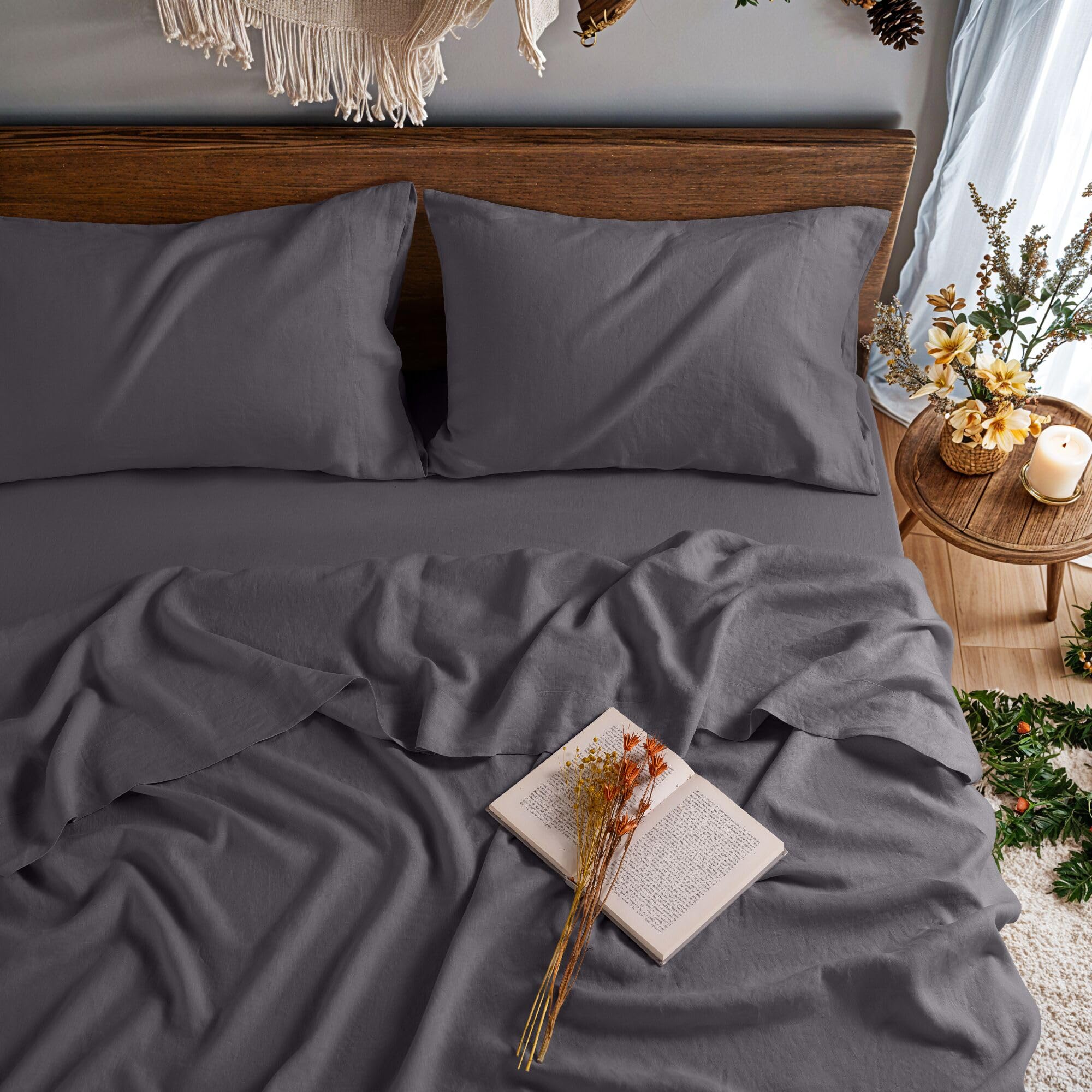 100% Pure Linen Sheet Set for Hot Sleepers, Breathable Natural Linen Sheets 4pcs, Bedding Set Deep Pocket Up to 16" Moisture-Wicking, Softens with Every Wash (Linen Queen)
