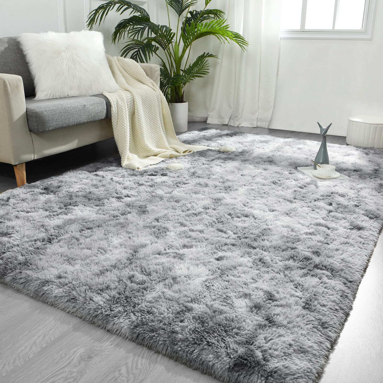 FlyDOIT Large Area Rugs for Living Room, 5x8 Feet Tie-Dyed Light Grey Shaggy Rug Fluffy Throw Carpets, Ultra Soft Plush Modern Indoor Fuzzy Rugs for Bedroom Girls Kids Nursery Room Dorm Home Decor