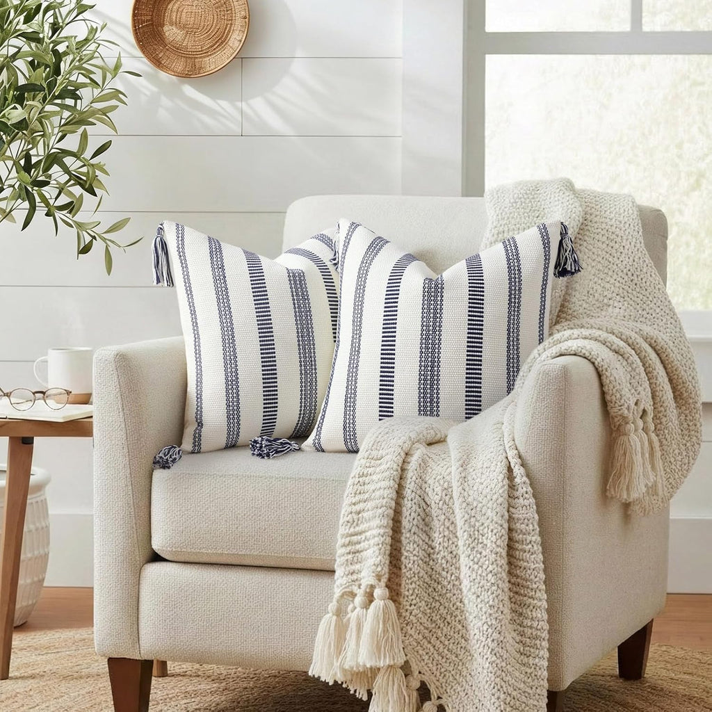 Smile Bee Boho Outdoor Couch Throw Pillow Covers Set of 2 Decorative Thick Woven Striped Accent Neutral Pillow Covers with Tassels for Bed Sofa Home Decor 20x20 Inch, Navy Blue and Cream White