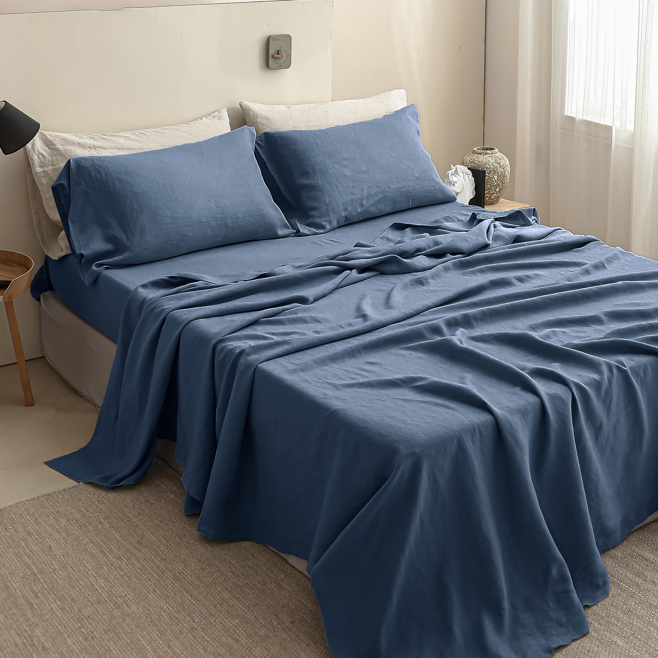 Simple&Opulence 100% Linen Sheets Queen Size Set, 4 Pcs Natural French Linen Bed Sheets, Breathable Soft Durable Bedding Set for All Season (Classic Blue, Queen)