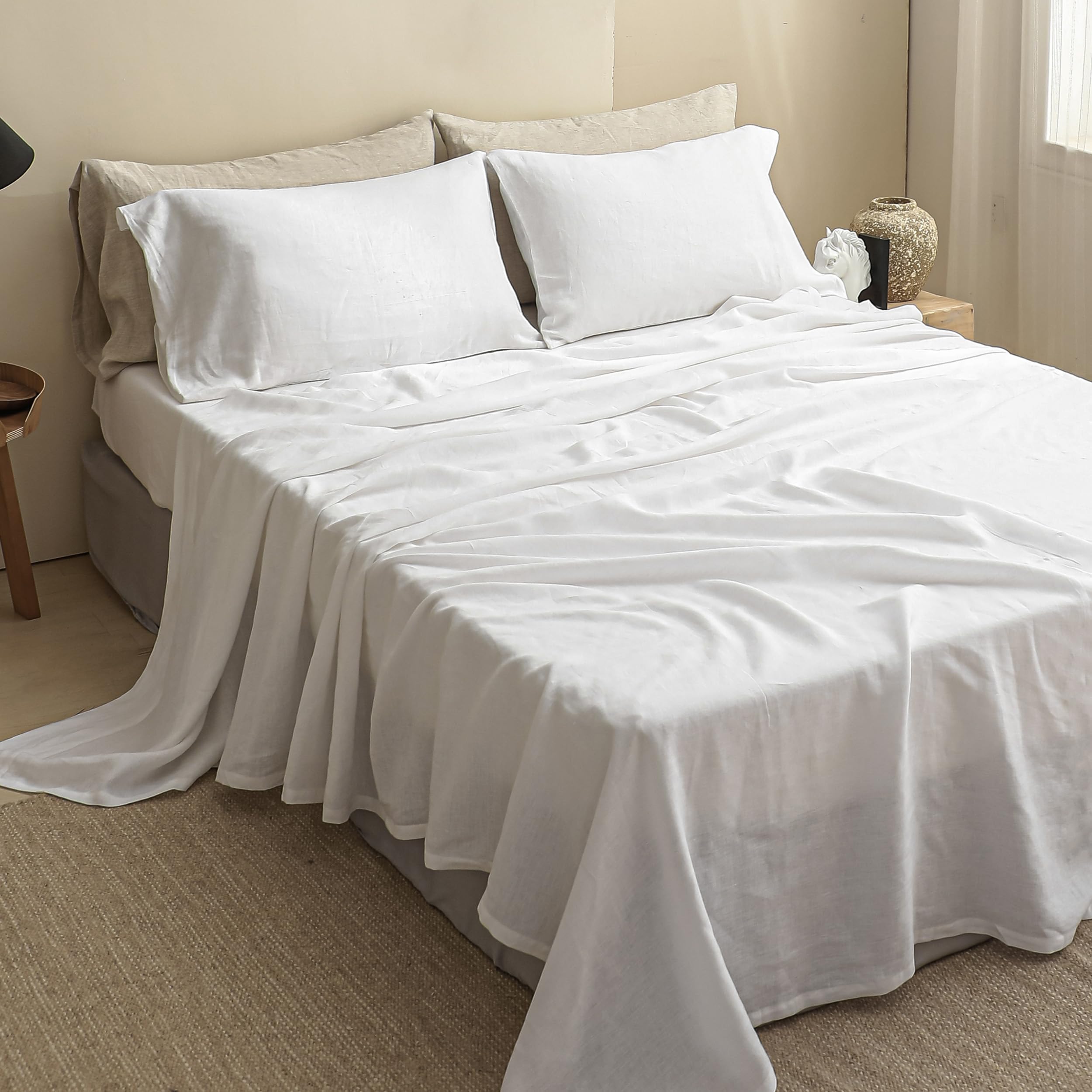 Simple&Opulence 100% Linen Sheets Queen Size Set, 4 Pcs Natural French Linen Bed Sheets, Breathable Soft Durable Bedding Set for All Season (Classic Blue, Queen)