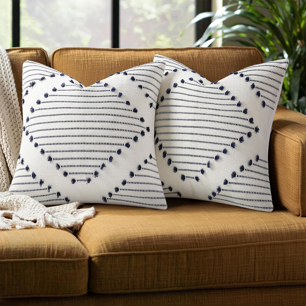 Mecatny Boho Summer Outdoor Throw Pillow Covers 18X18 Set of 2, Farmhouse Decorative Pillow Covers for Couch Sofa Living Room, Navy & Cream White