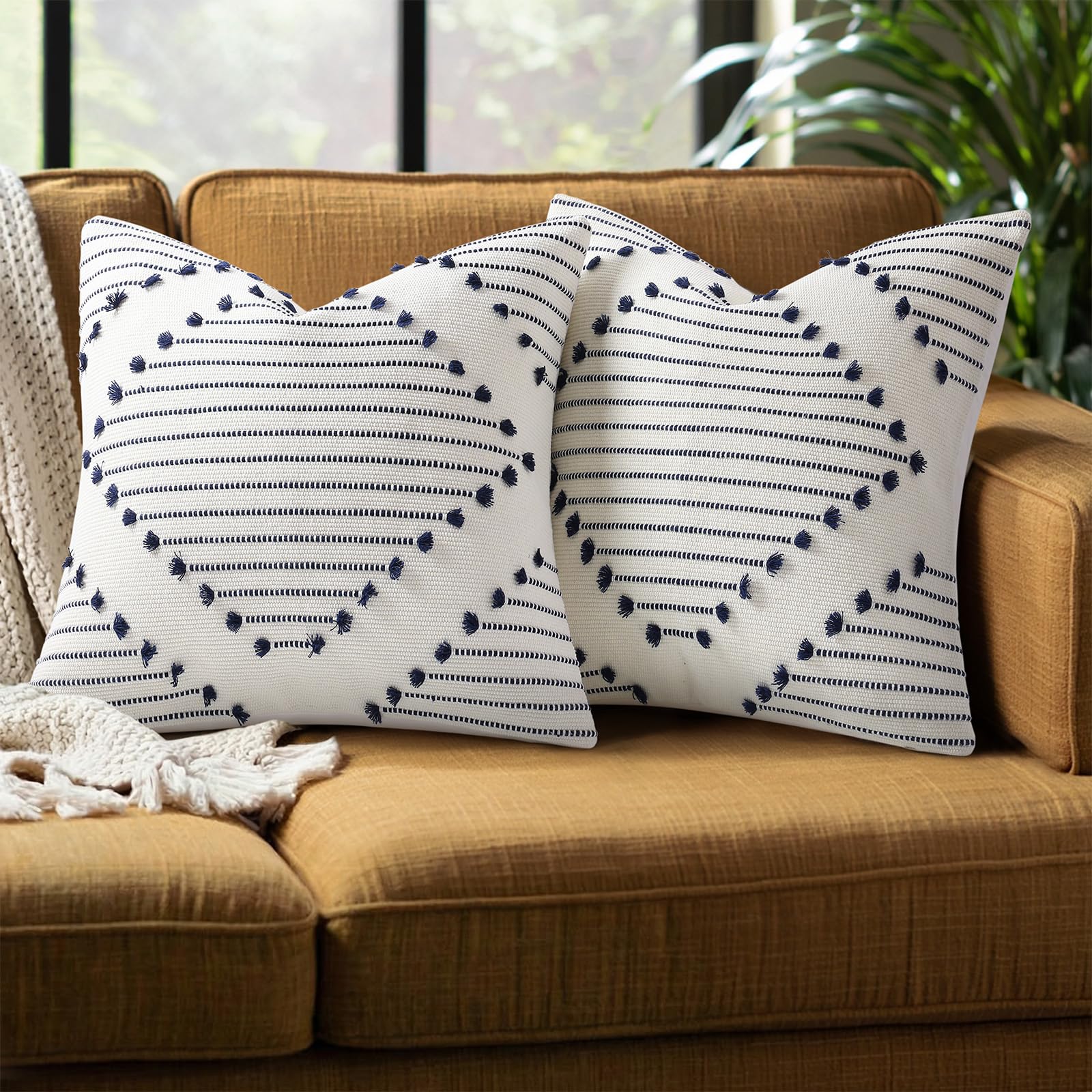 Mecatny Boho Summer Outdoor Throw Pillow Covers 18X18 Set of 2, Farmhouse Decorative Pillow Covers for Couch Sofa Living Room, Navy & Cream White