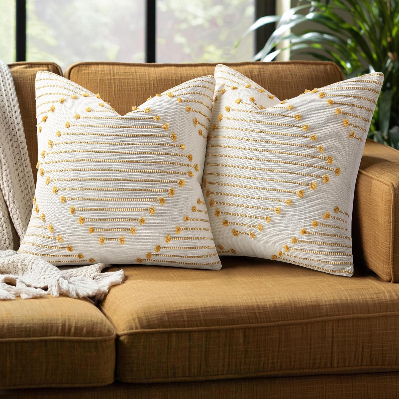 Mecatny Boho Summer Outdoor Throw Pillow Covers 18X18 Set of 2, Farmhouse Decorative Pillow Covers for Couch Sofa Living Room, Navy & Cream White