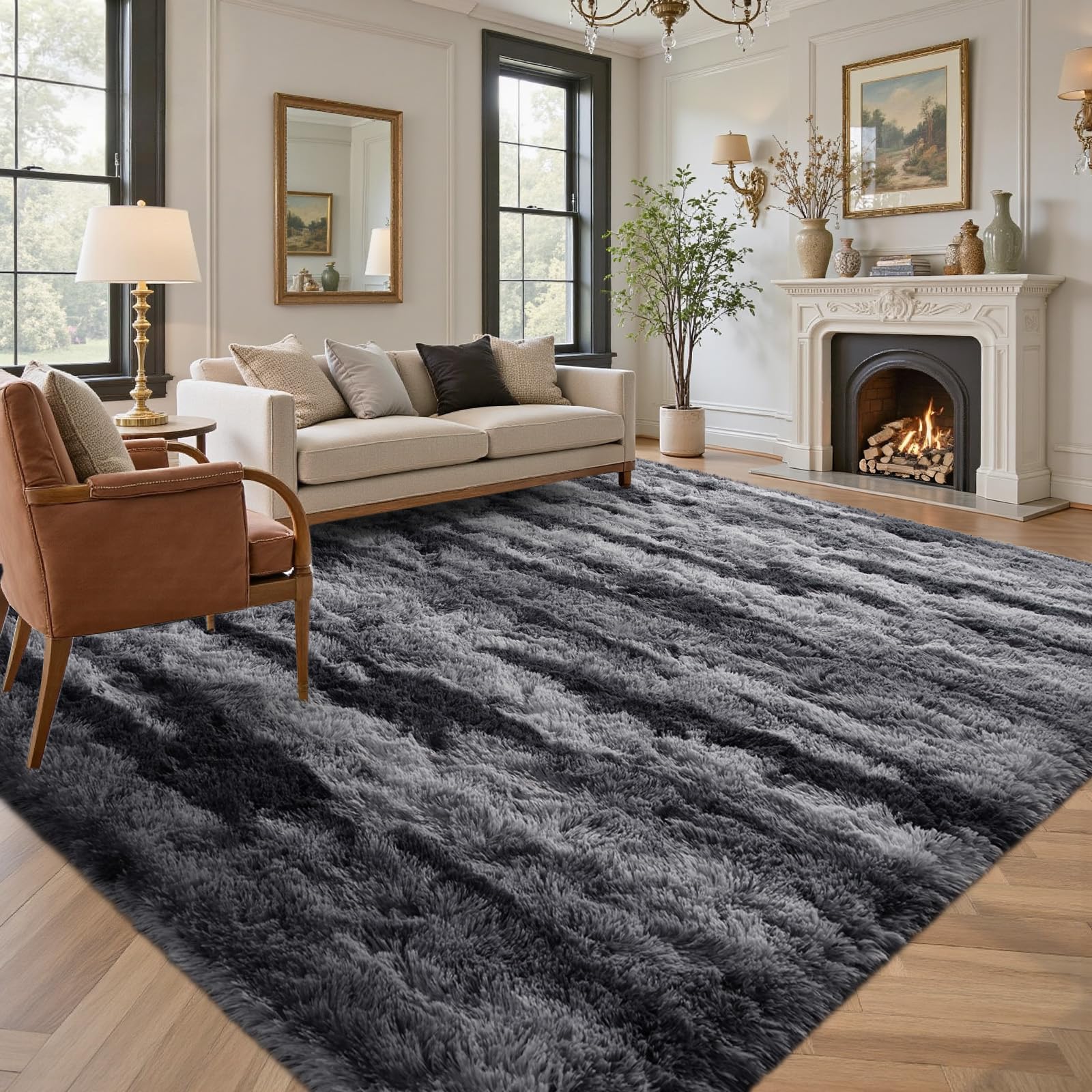 5×7ft Grey Fluffy Tie-Dyed Rug, Soft Shag Carpet for Home Decor