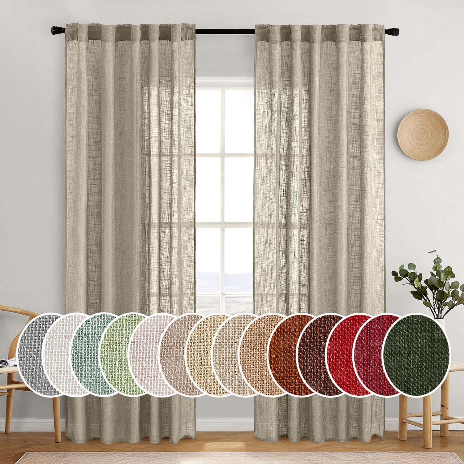MIULEE Taupe Linen Curtains 84 Inch Length for Bedroom Living Room, Soft Thick Linen Textured Window Drapes Semi Sheer Light Filtering Back Tab Rod Pocket Burlap Look Farmhouse Country Decor, 2 Panels