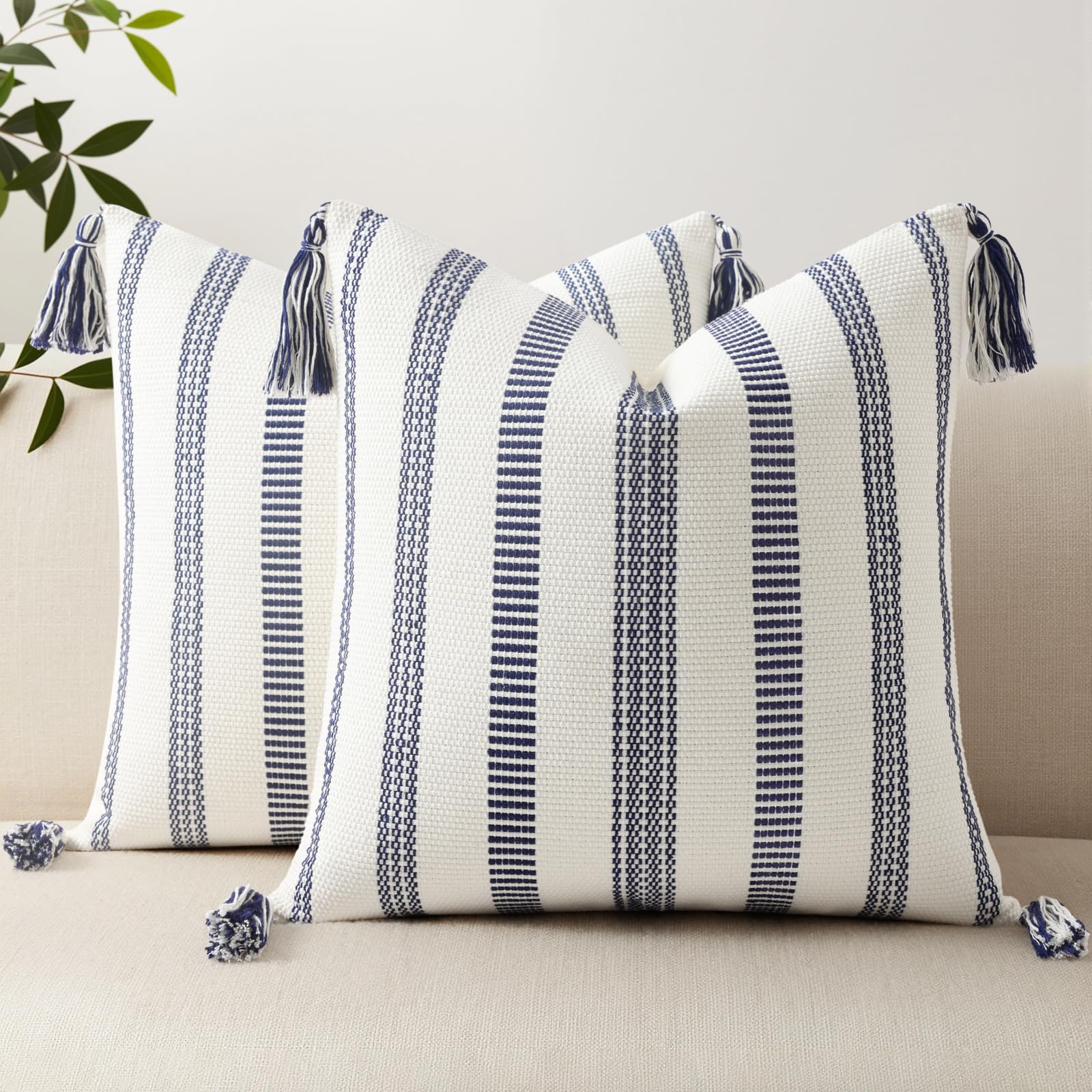 Smile Bee Boho Outdoor Couch Throw Pillow Covers Set of 2 Decorative Thick Woven Striped Accent Neutral Pillow Covers with Tassels for Bed Sofa Home Decor 20x20 Inch, Navy Blue and Cream White