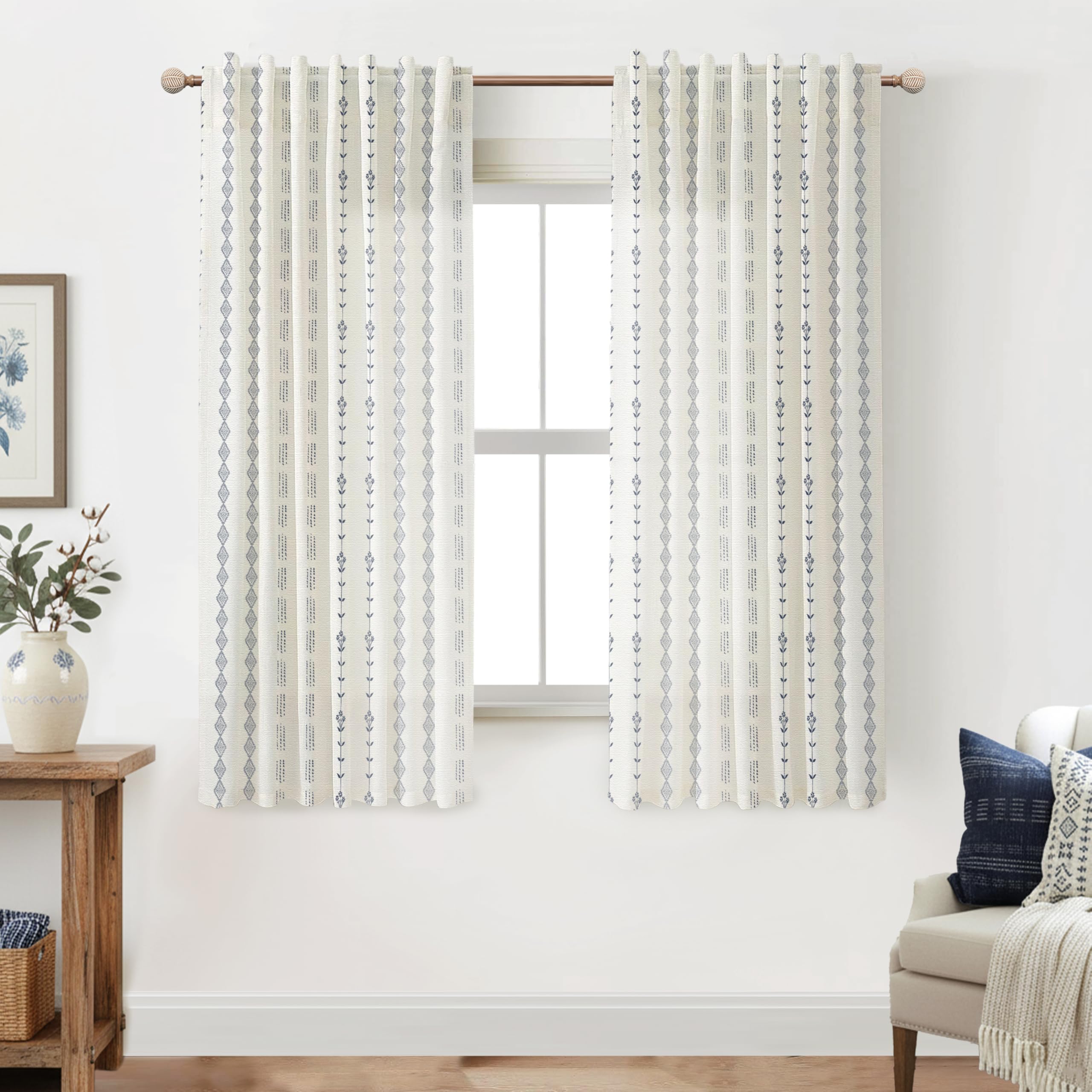 Linen Farmhouse Curtains for Living Room, Neutral Taupe Cream Light Filtering Boho Sheer Floral Patterned Curtains for Dining Room Bedroom 84 Inch Length 2 Panels Set