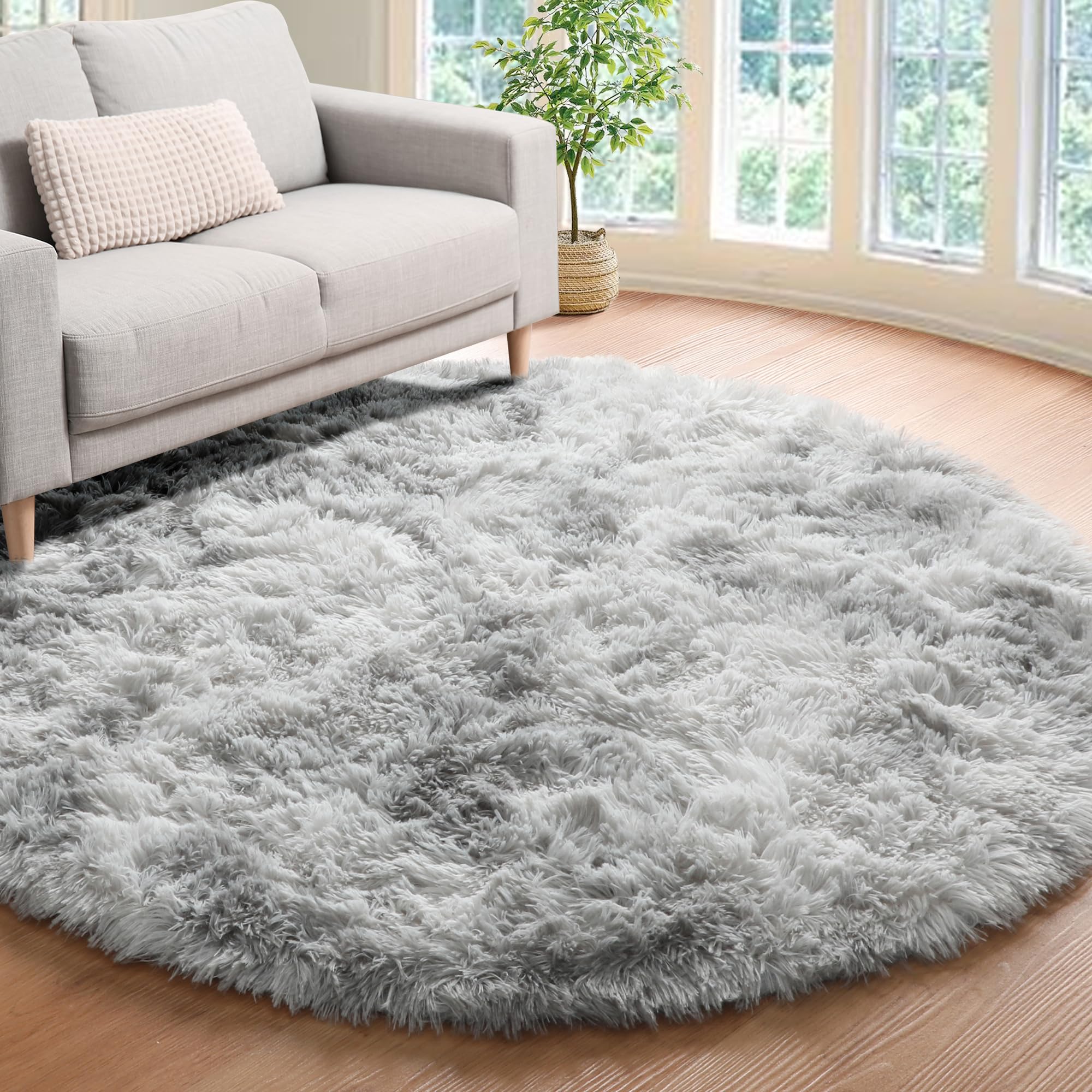 ONASAR Tie-Dyed Dark Grey Round Area Rugs 5ft, Ultra Soft Bedroom Circle Rug for Kids Girls Teen Room, Fluffy Plush Shaggy Carpet Floor Mats for Baby Nursery Living Room Playroom Home Decor