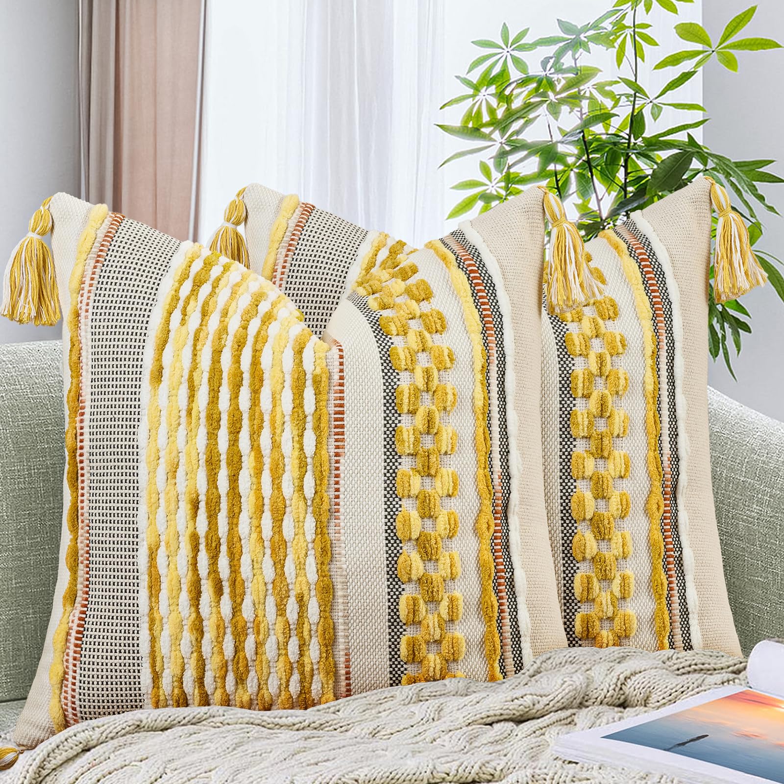 AmHoo Set of 2 Chenille Striped Tufted Textured Boho Throw Pillow Covers Aesthetic with Tassels Woven Decorative Pillow Case for Couch Bed Sofa Bedroom Modern Funky 18 x 18-Inch Brown White