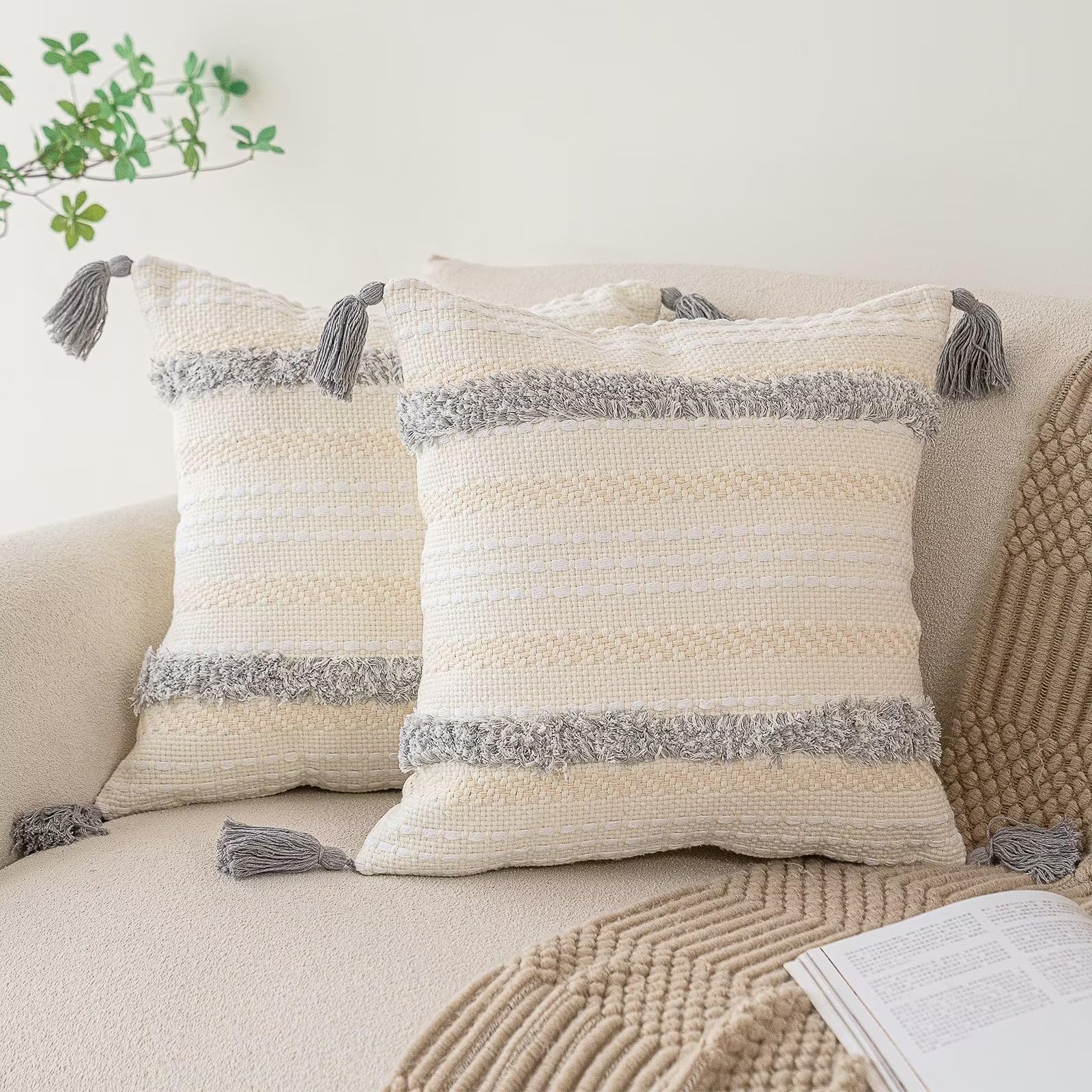 Boho Throw Pillow Covers 20x20 Set of 2 Woven Tufted Farmhouse Pillows Cover with Tassels Textured Striped Cushion Case Neutral Pillow Cases Decorative Pillowcase for Sofa, Couch, Bed, Dark Blue