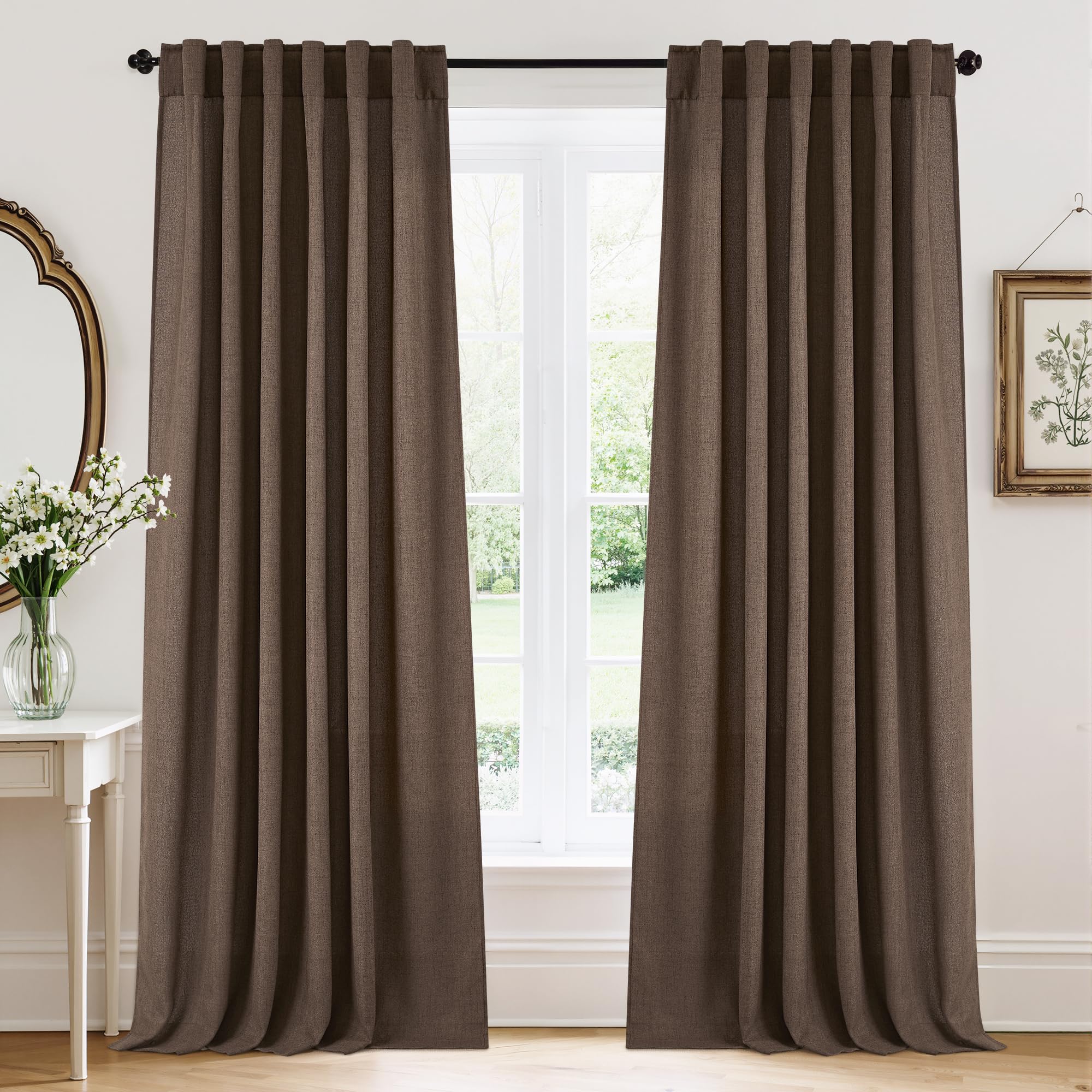 RYB HOME Linen Sheer Curtains and Drapes for Living Room 108 inches Length, Breathable Back Tab/Rod Pocket Semi Sheer Curtains, Oatmeal, W 52 x L 108 inches, 2 Panels Set