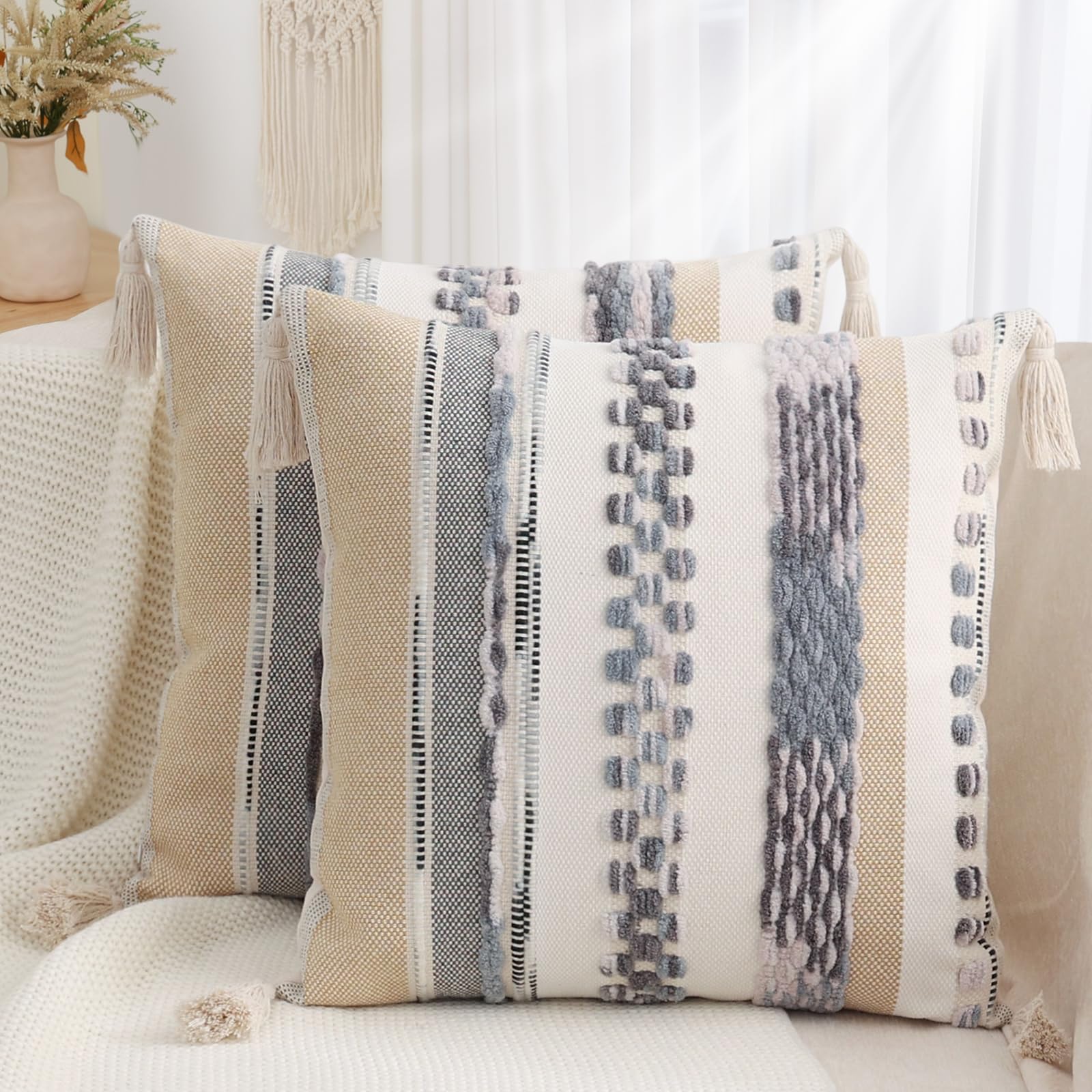 Simmore Fall Boho Decorative Throw Pillow Covers 12x20 Set of 2, Tufted Farmhouse Pillow Covers with Tassels for Cozy Bohemian Couch Sofa Bedroom Home Decor, Rust