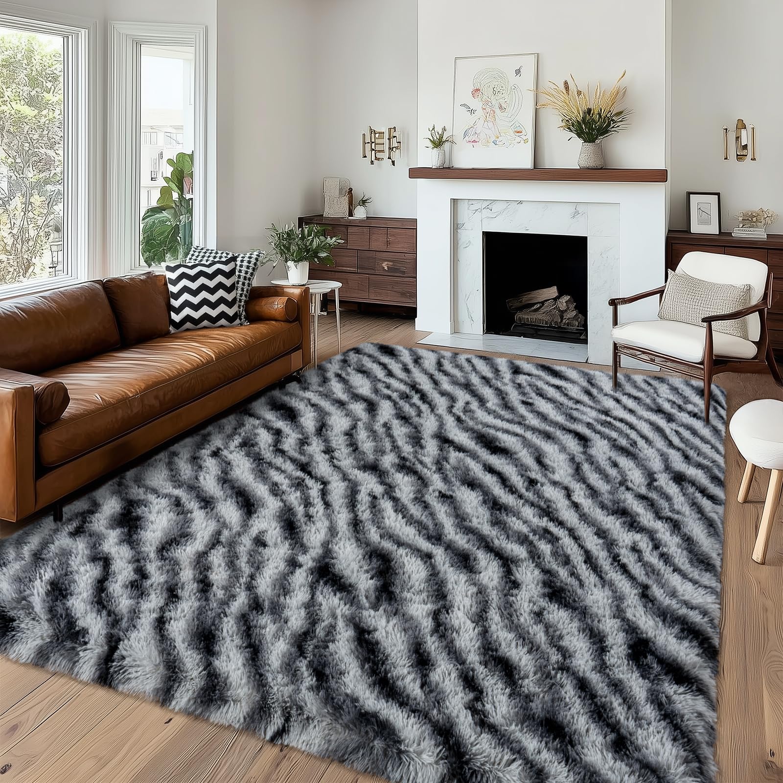 Fluffy Rugs for Living Room Bedroom, 5x7 Feet Abstract Blue Shag Area Rugs, Non-Slip Indoor Modern Fuzzy Plush Floor Carpet for Dorm Nursery Kids Room Decor, Soft Shaggy Throw Rug