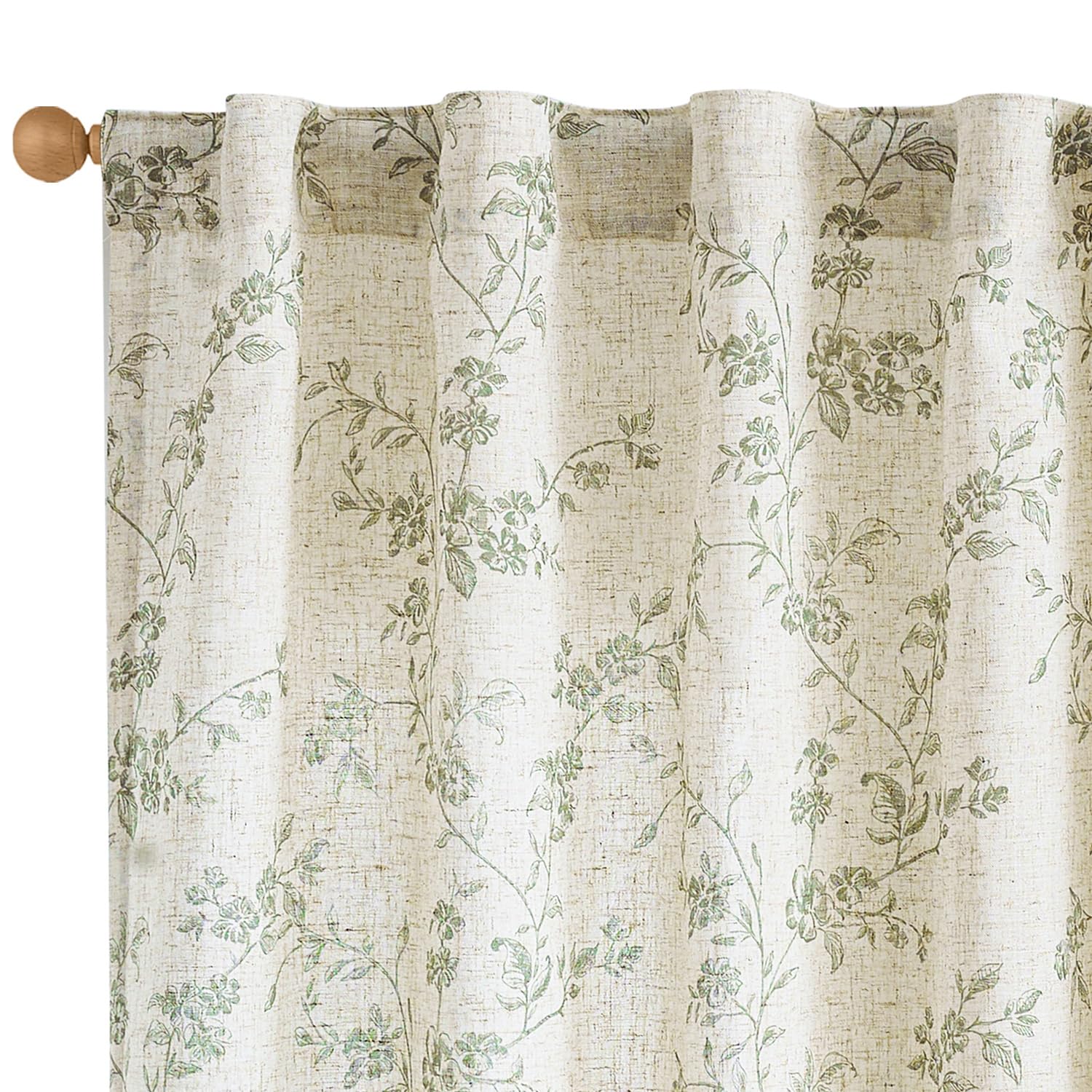 Lazzzy Linen Farmhouse Curtains Green Floral Curtains 63 Inch Length Back Tab Drapes for Living Room Bedroom Light Filtering Country Vintage Rod Pocket Curtain, 2 Panels, Green on Beige