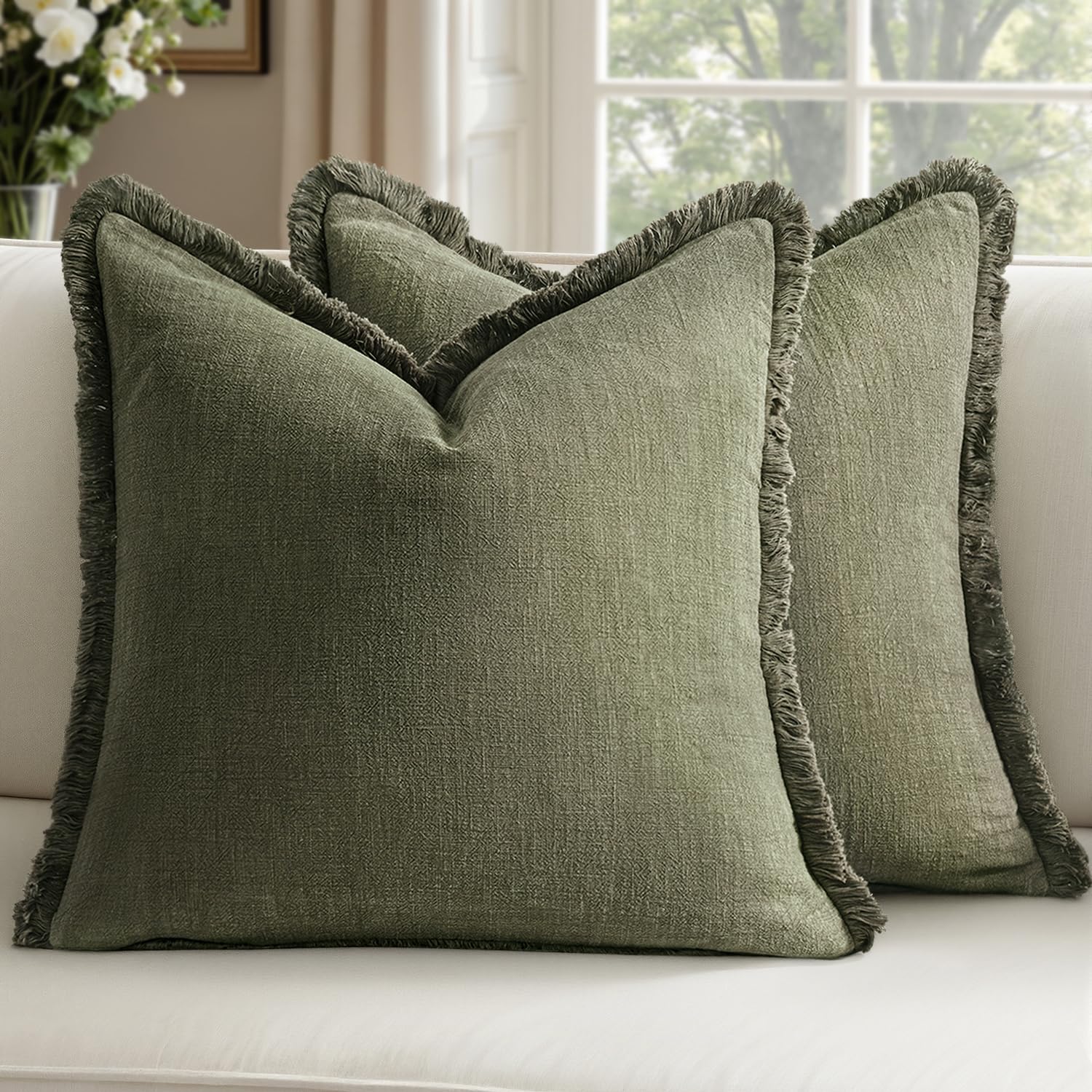 Decorative Linen Fringe Throw Pillow Covers Boho Farmhouse Soft Euro Accent Pillowcases with Tassels for Bed Couch Sofa Living Room Bedroom,24x24 Inch Set of 2,Brown