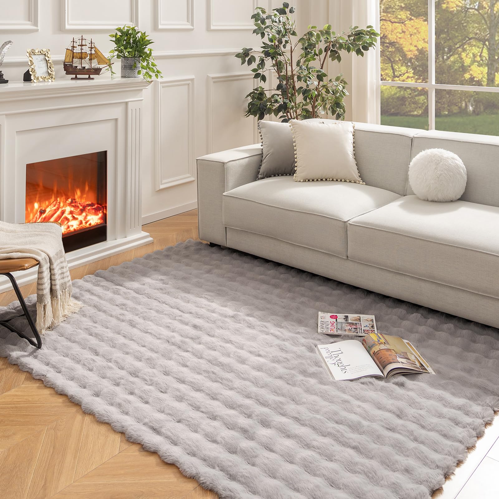 Ashler Faux Rabbit Fur Rug, Light Grey 3x5 FT Fluffy Soft Area Rugs, Rectangle Fuzzy Carpet for Living Room, Bedroom, Machine Washable Rug - 3D Bubble Mat