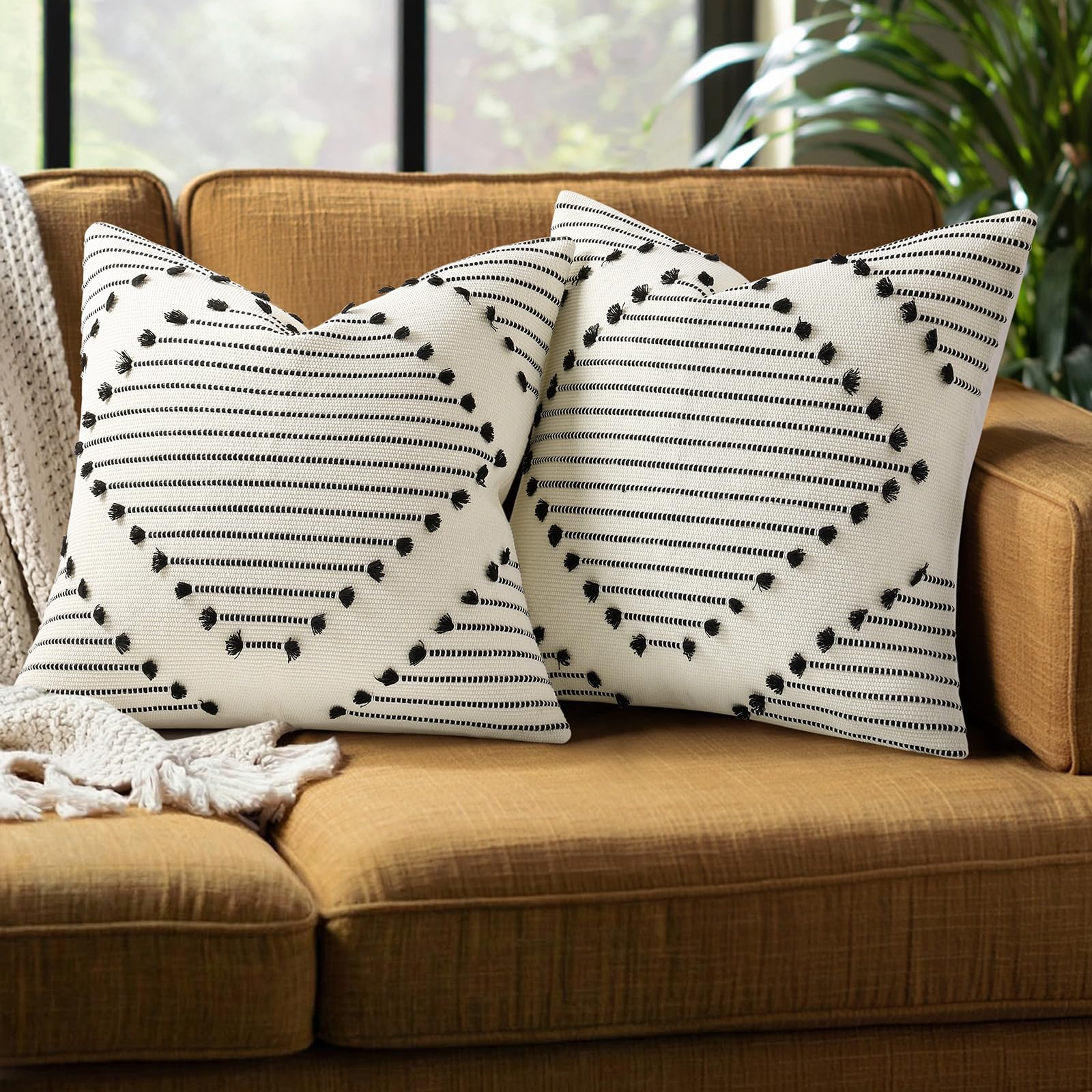 Mecatny Boho Summer Outdoor Throw Pillow Covers 18X18 Set of 2, Farmhouse Decorative Pillow Covers for Couch Sofa Living Room, Navy & Cream White