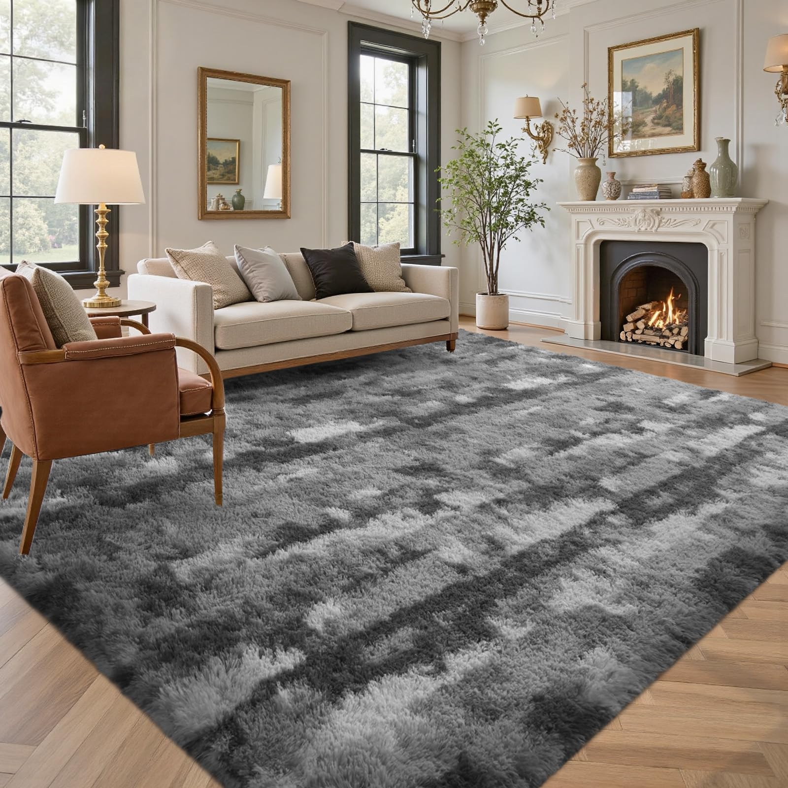 5×7ft Grey Fluffy Tie-Dyed Rug, Soft Shag Carpet for Home Decor