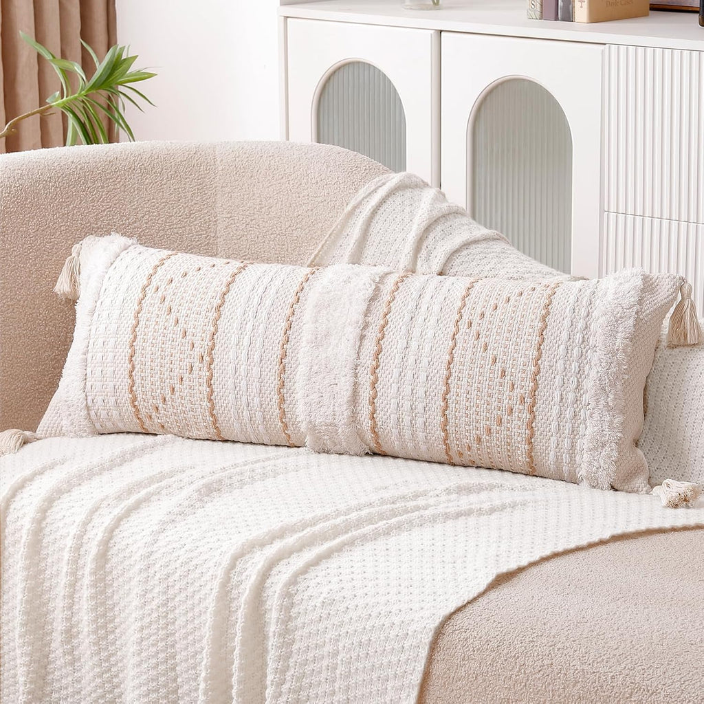 14×36" Beige Tufted Lumbar Pillow Cover with Tassels
