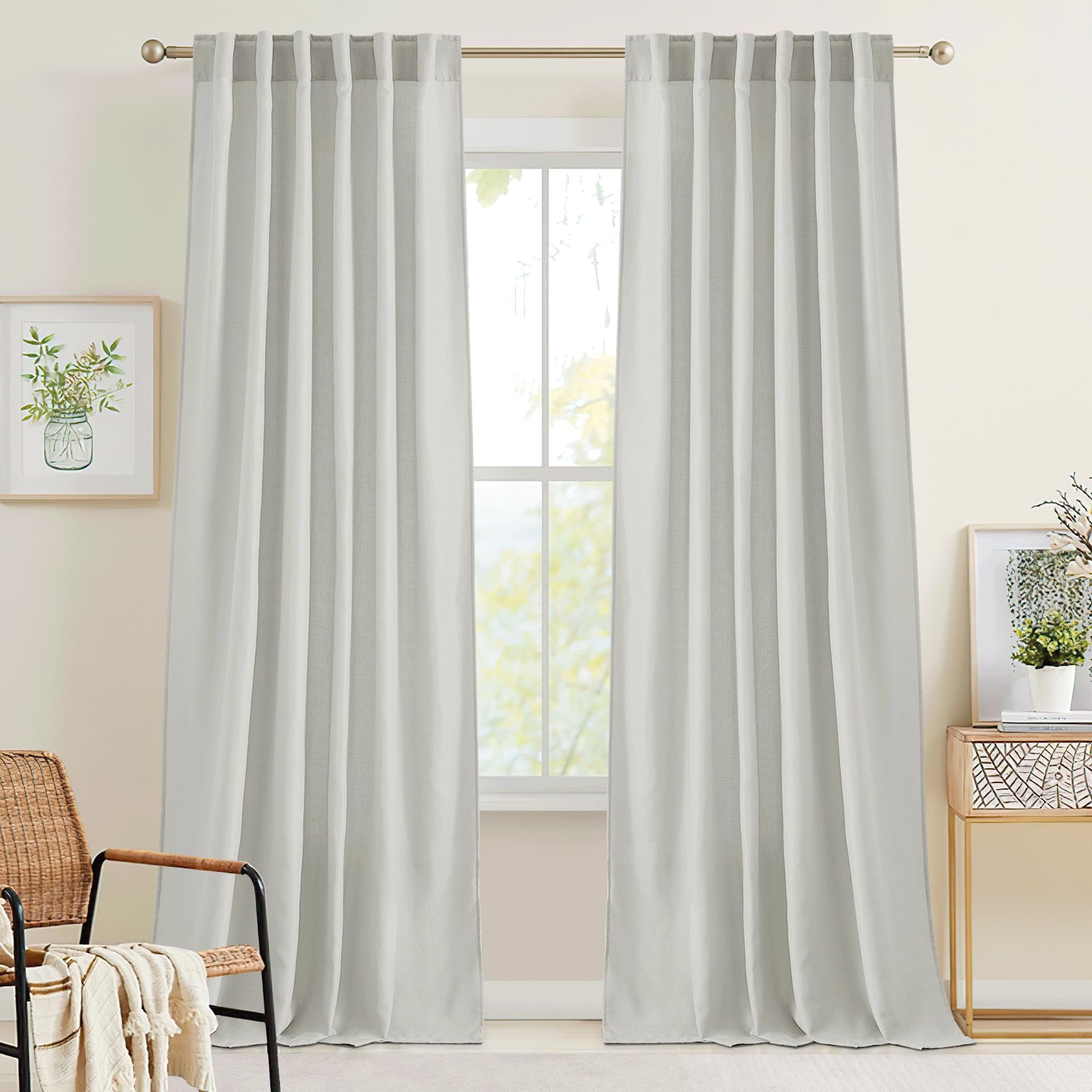 RYB HOME Linen Sheer Curtains and Drapes for Living Room 108 inches Length, Breathable Back Tab/Rod Pocket Semi Sheer Curtains, Oatmeal, W 52 x L 108 inches, 2 Panels Set