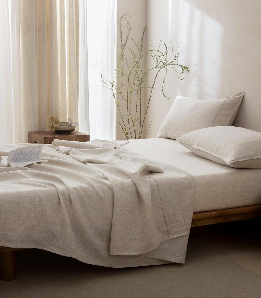 Talasily 100% French Pure Linen Sheets Set Queen Size,Oeko-TEX Certified Bedding, All-Season Breathable for Hot Sleepers,16 Inch Deep Pocket Machine Washable 4-Piece (Natural Linen)