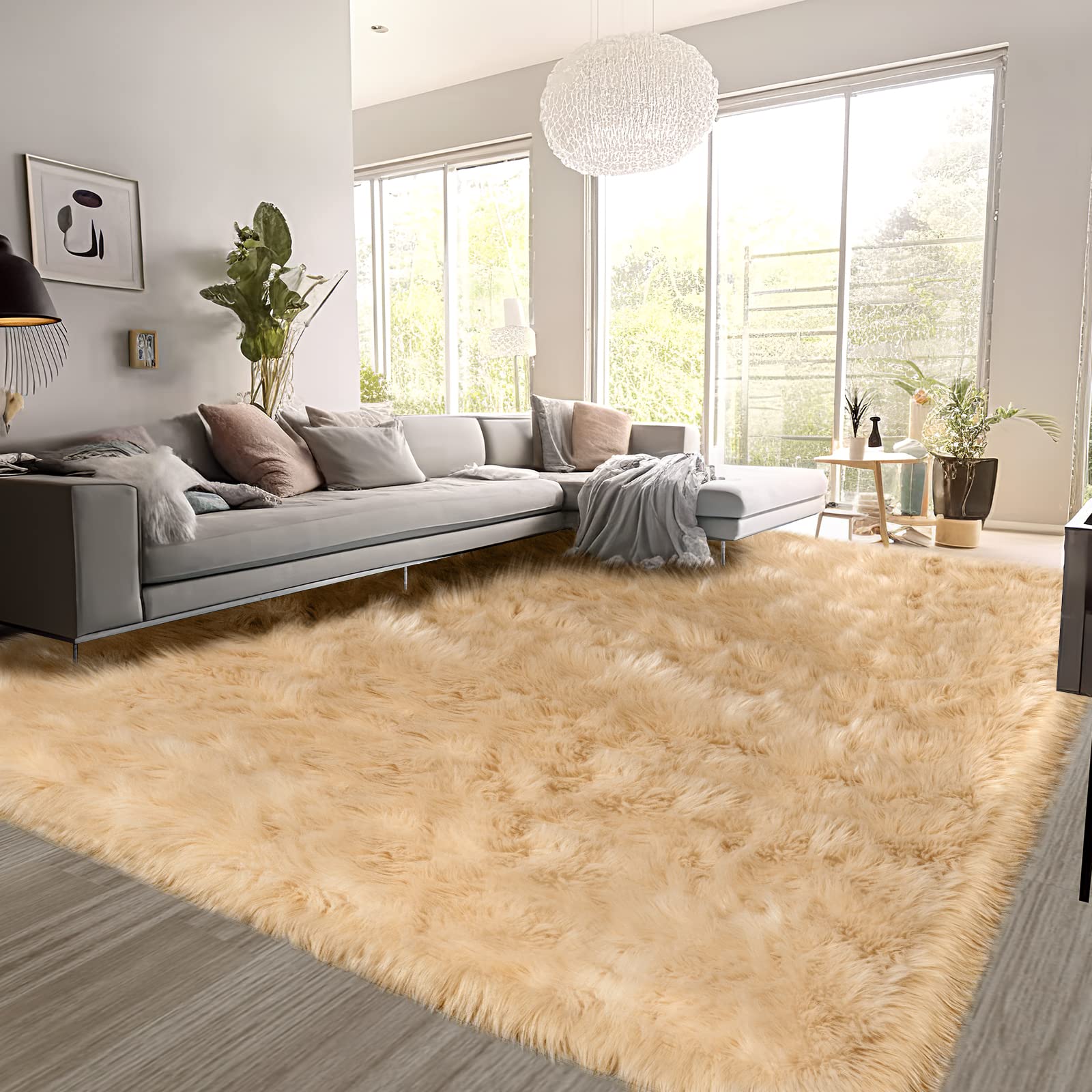 SERISSA Soft Fluffy Area Rug, Grey Faux Sheepskin Fur Rug, Shaggy Rug for Bedroom Floor Fuzzy Carpet for Living Room 4x6 Feet