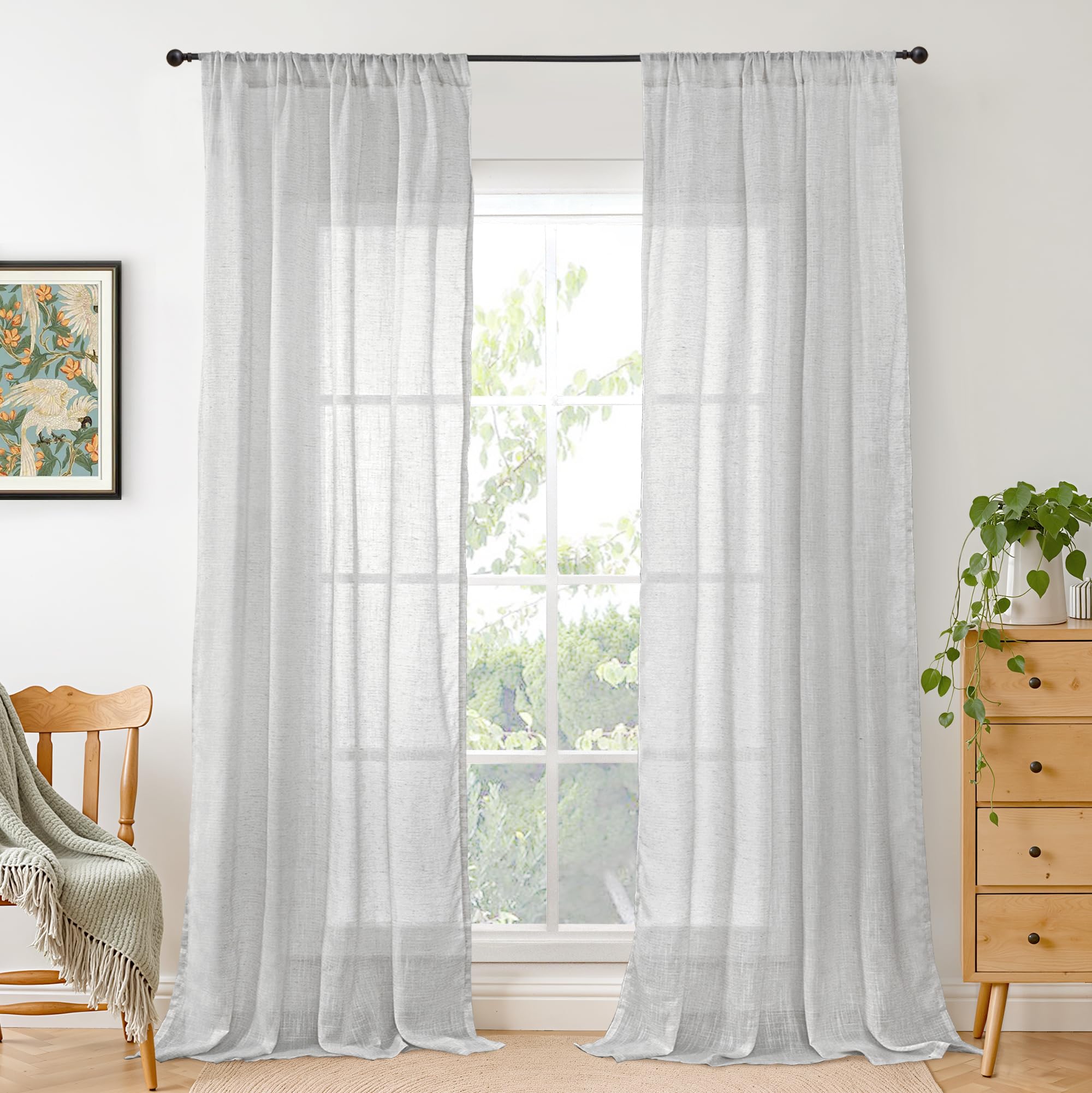 BGment 90 Inches Long Curtains Linen Semi Sheer, Light Filtering Window Treatments Drapes with Rod Pocket Lightweight for Living Room Bedroom, 2 Panels, 52 Inch Wide Each Panel