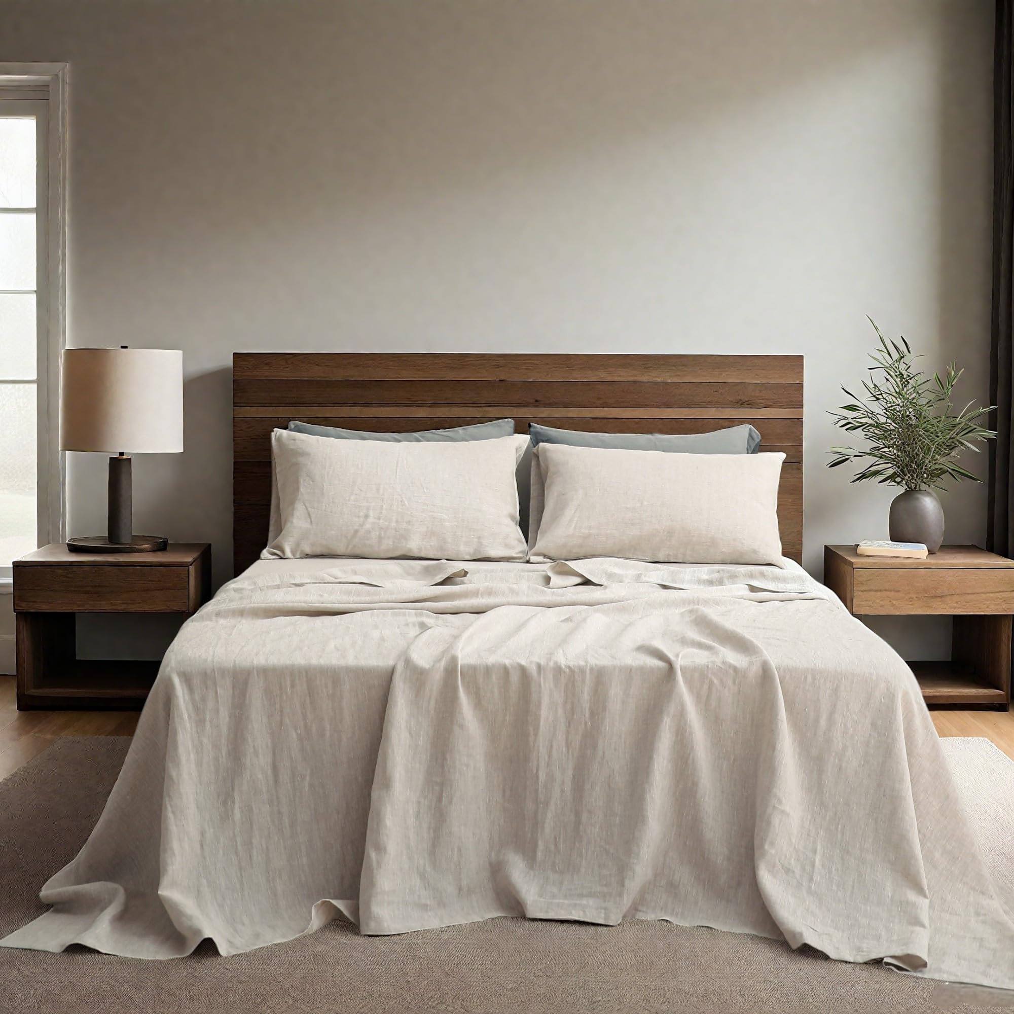 Simple&Opulence 100% Linen Sheets Queen Size Set, 4 Pcs Natural French Linen Bed Sheets, Breathable Soft Durable Bedding Set for All Season (Classic Blue, Queen)