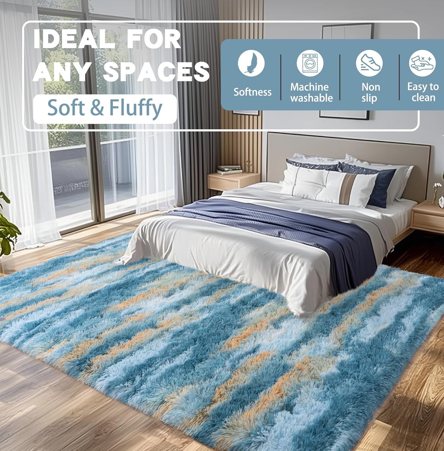Fluffy Rugs for Living Room Bedroom, 5x7 Feet Abstract Blue Shag Area Rugs, Non-Slip Indoor Modern Fuzzy Plush Floor Carpet for Dorm Nursery Kids Room Decor, Soft Shaggy Throw Rug