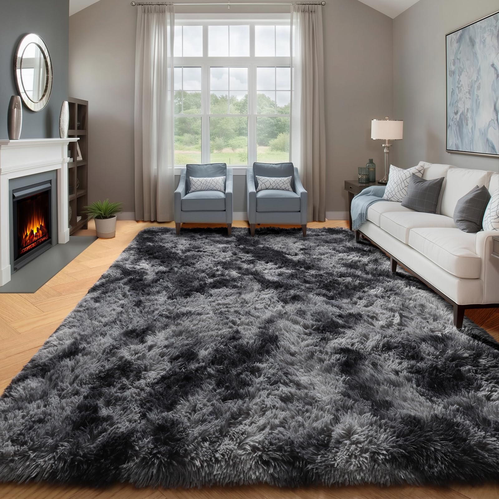 ONASAR Tie-Dyed Dark Grey Round Area Rugs 5ft, Ultra Soft Bedroom Circle Rug for Kids Girls Teen Room, Fluffy Plush Shaggy Carpet Floor Mats for Baby Nursery Living Room Playroom Home Decor