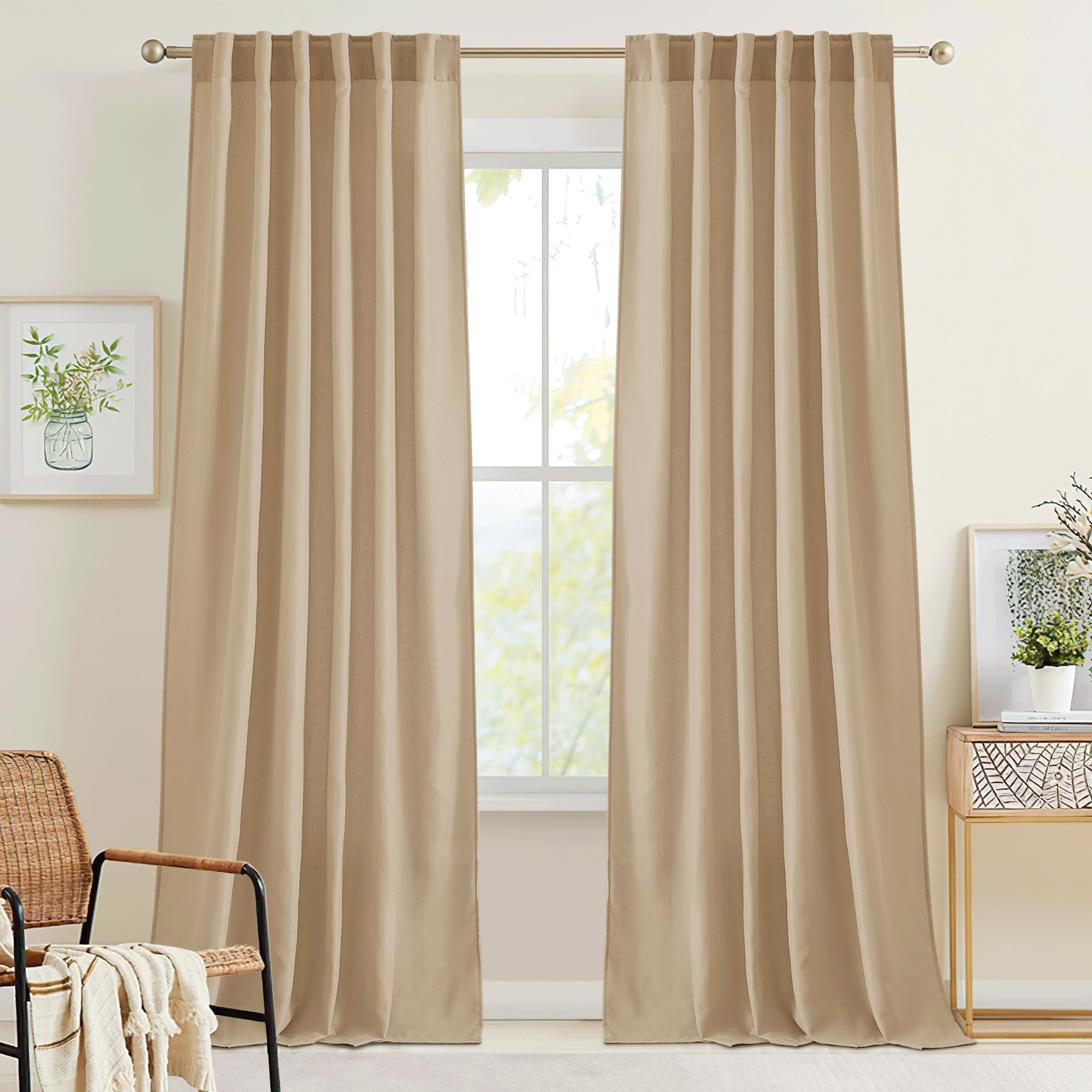 RYB HOME Linen Sheer Curtains and Drapes for Living Room 108 inches Length, Breathable Back Tab/Rod Pocket Semi Sheer Curtains, Oatmeal, W 52 x L 108 inches, 2 Panels Set