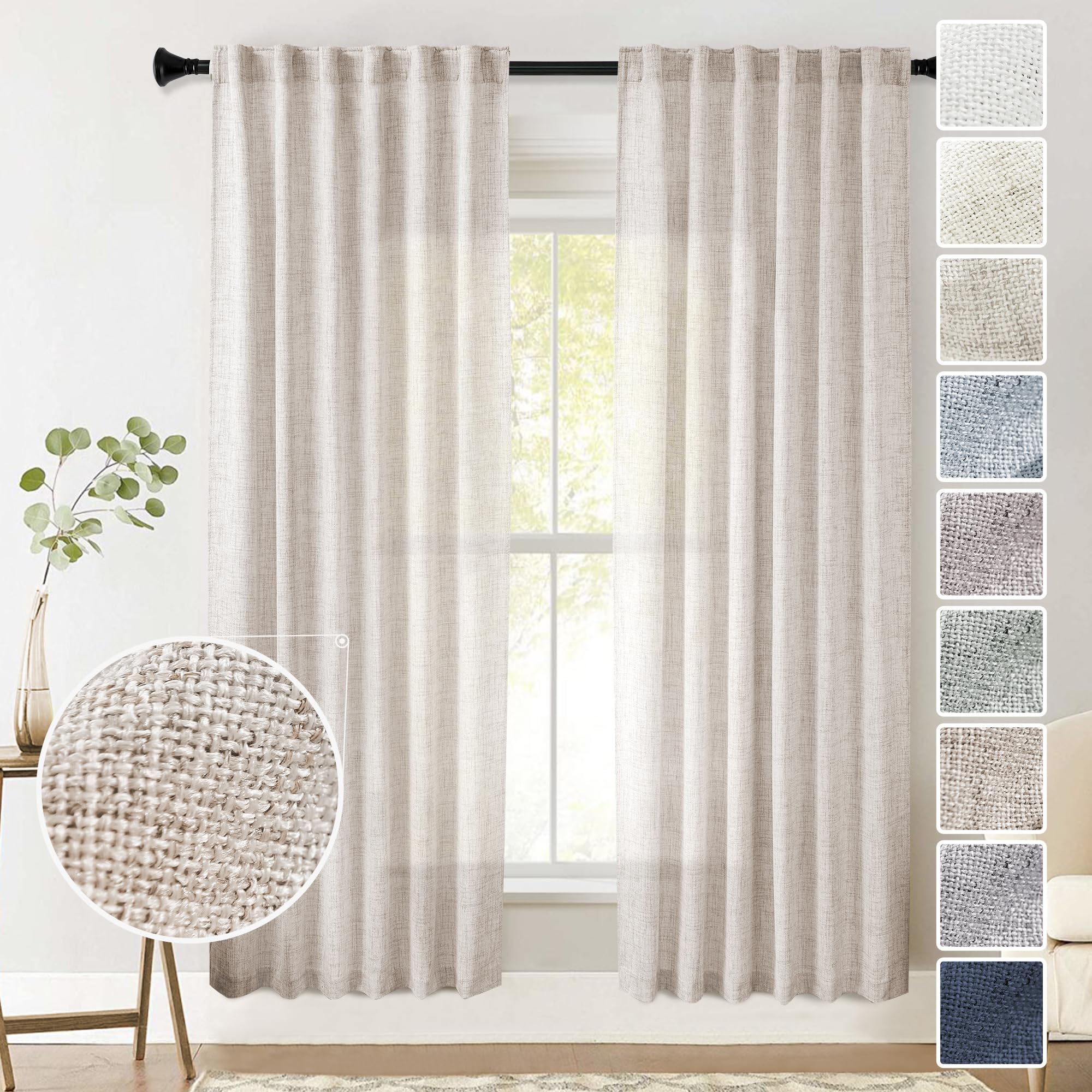 Natural Linen Back Tab Curtains 92 inch Long 2 Panels Set for Living Room Semi Sheer Light Filtering Window Drape Neutral Country Farmhouse Boho Curtains for Bedroom Cream Beige