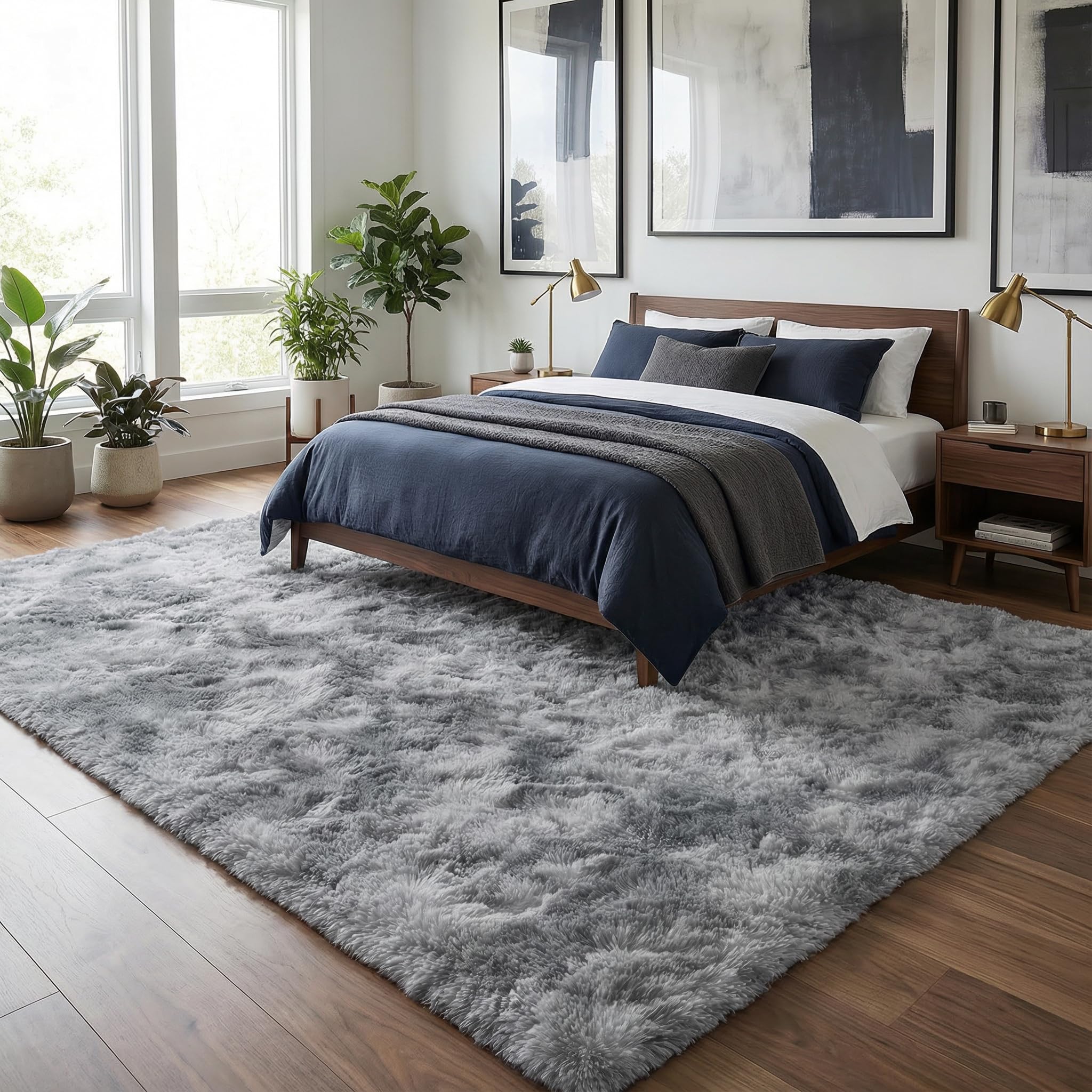 Fluffy 5x7 Area Rugs for Bedroom: Tie-dye White Grey Soft Shag Rug for Living Room, Large Fuzzy Plush Indoor Floor Carpet Non Slip Modern Rug for Nursery Boys Girls Kids Room Playroom Dorms Home Decor