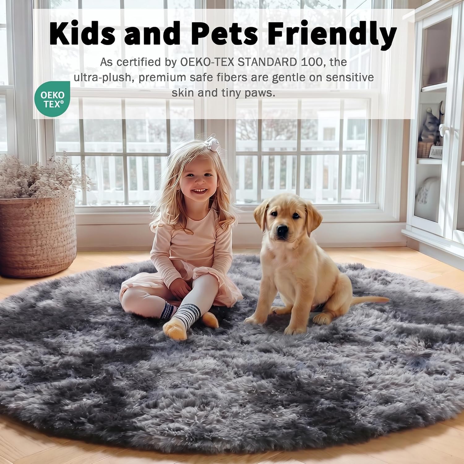 ONASAR Tie-Dyed Dark Grey Round Area Rugs 5ft, Ultra Soft Bedroom Circle Rug for Kids Girls Teen Room, Fluffy Plush Shaggy Carpet Floor Mats for Baby Nursery Living Room Playroom Home Decor