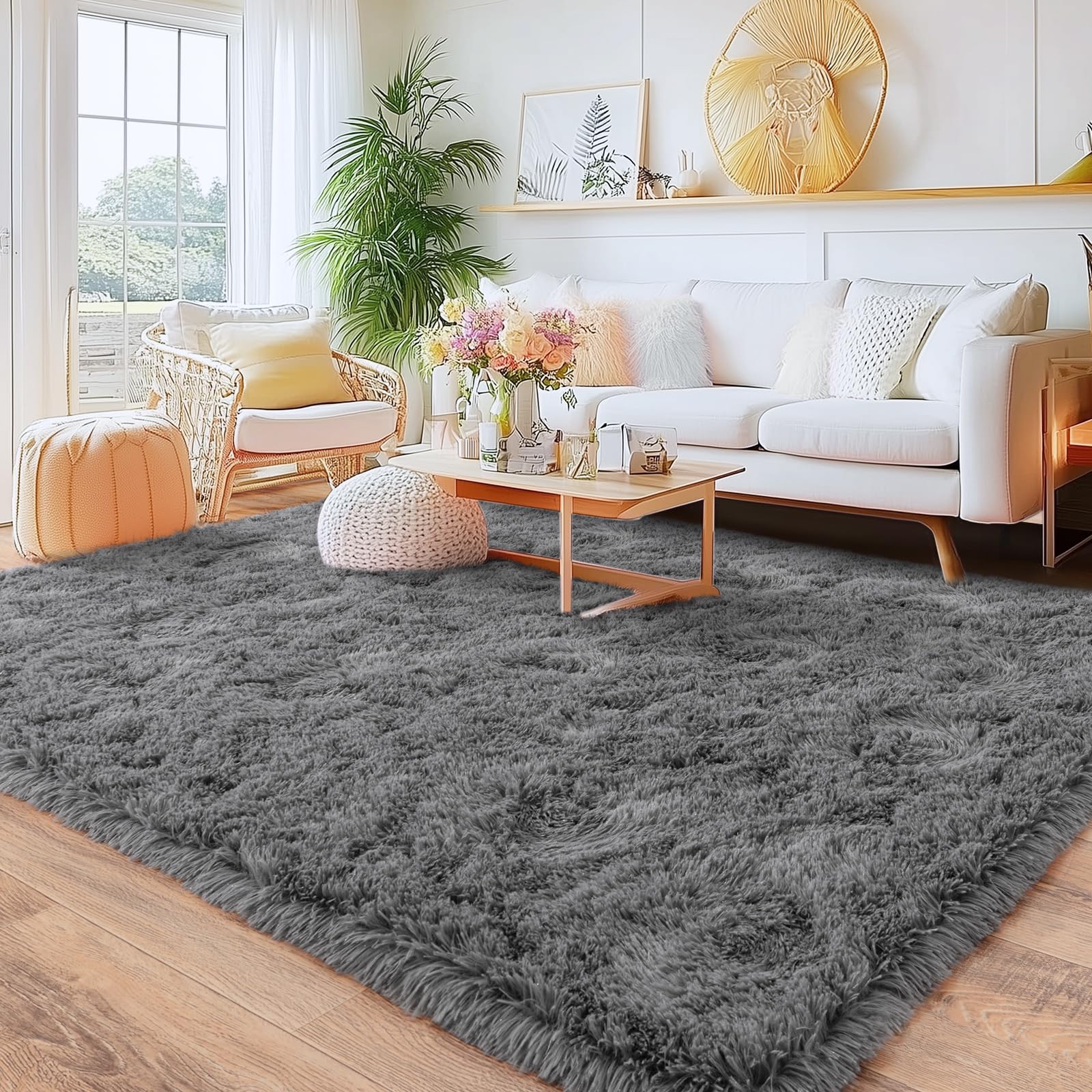 8x10 Area Rugs for Living Room, Large Ultra Fluffy Fuzzy Shag Rug for Bedroom, Modern Plush Soft High Pile Upgrade Non-Slip Carpet for Kids Girls and Boys Room Decor, Tie-Dyed Blue Grey