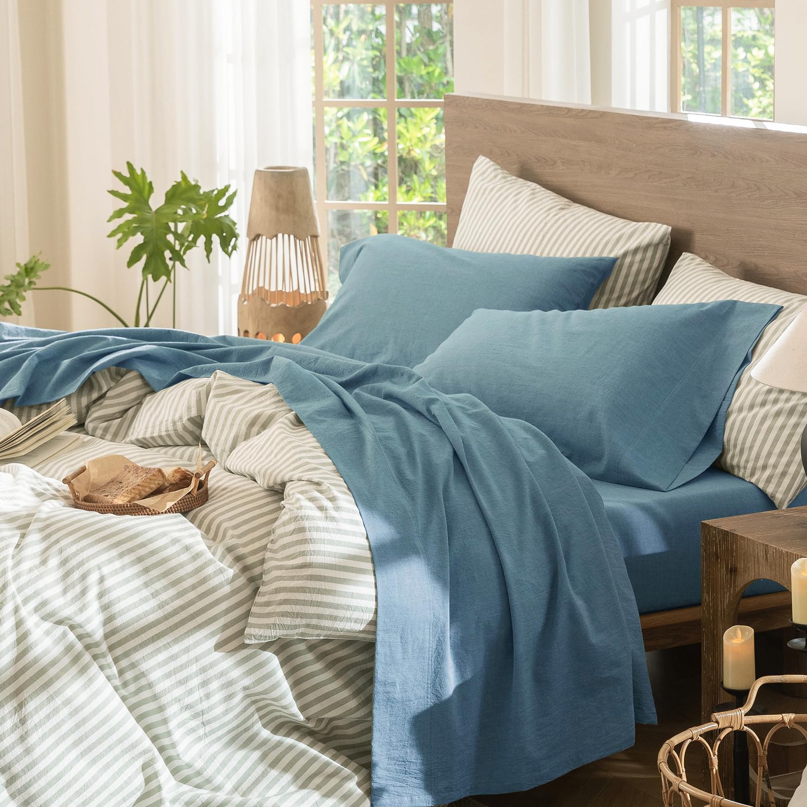 MooMee Bedding Sheet Set 100% Washed Cotton Linen Like Textured Breathable Durable Soft Comfy (Heathered Green, Queen)