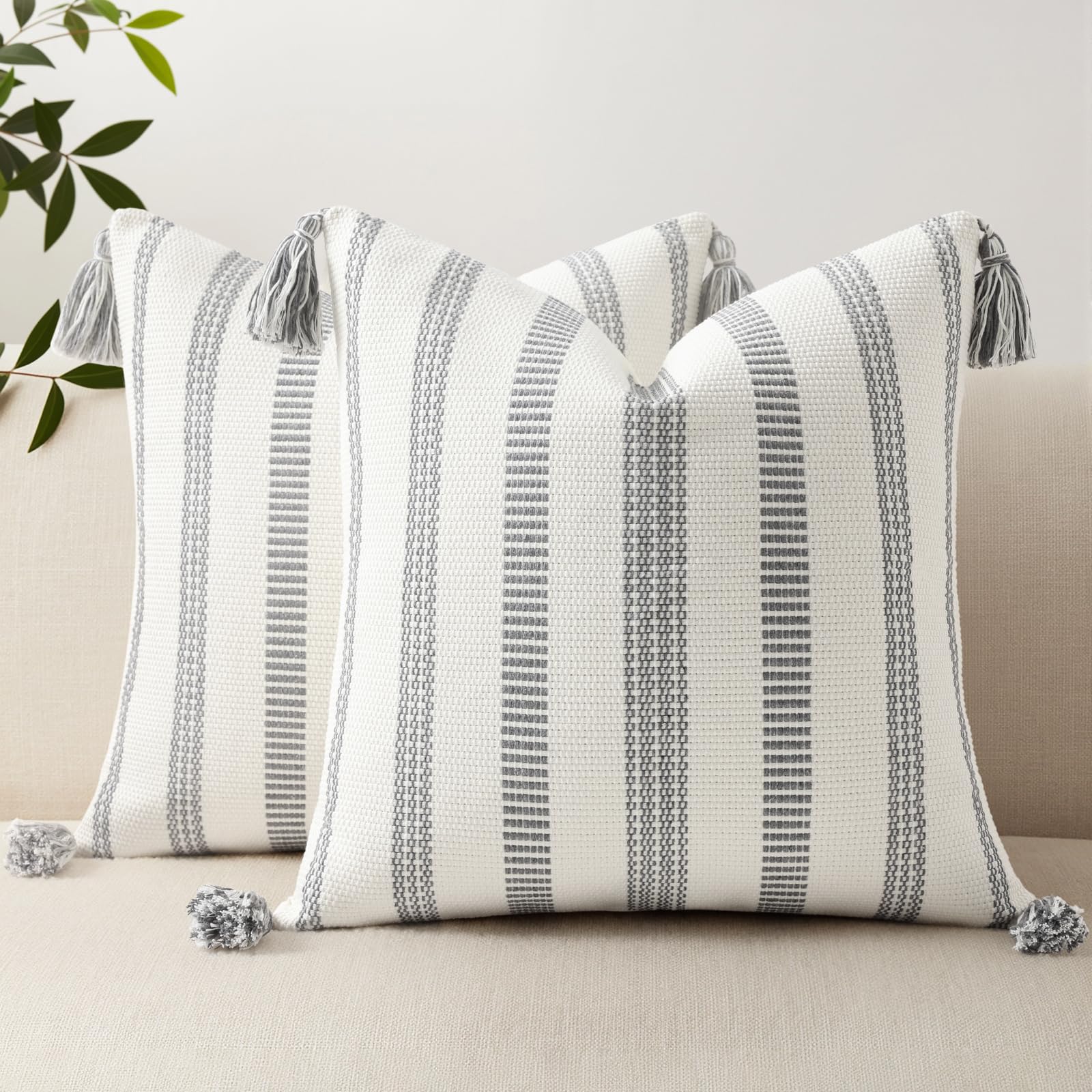Smile Bee Boho Outdoor Couch Throw Pillow Covers Set of 2 Decorative Thick Woven Striped Accent Neutral Pillow Covers with Tassels for Bed Sofa Home Decor 20x20 Inch, Navy Blue and Cream White