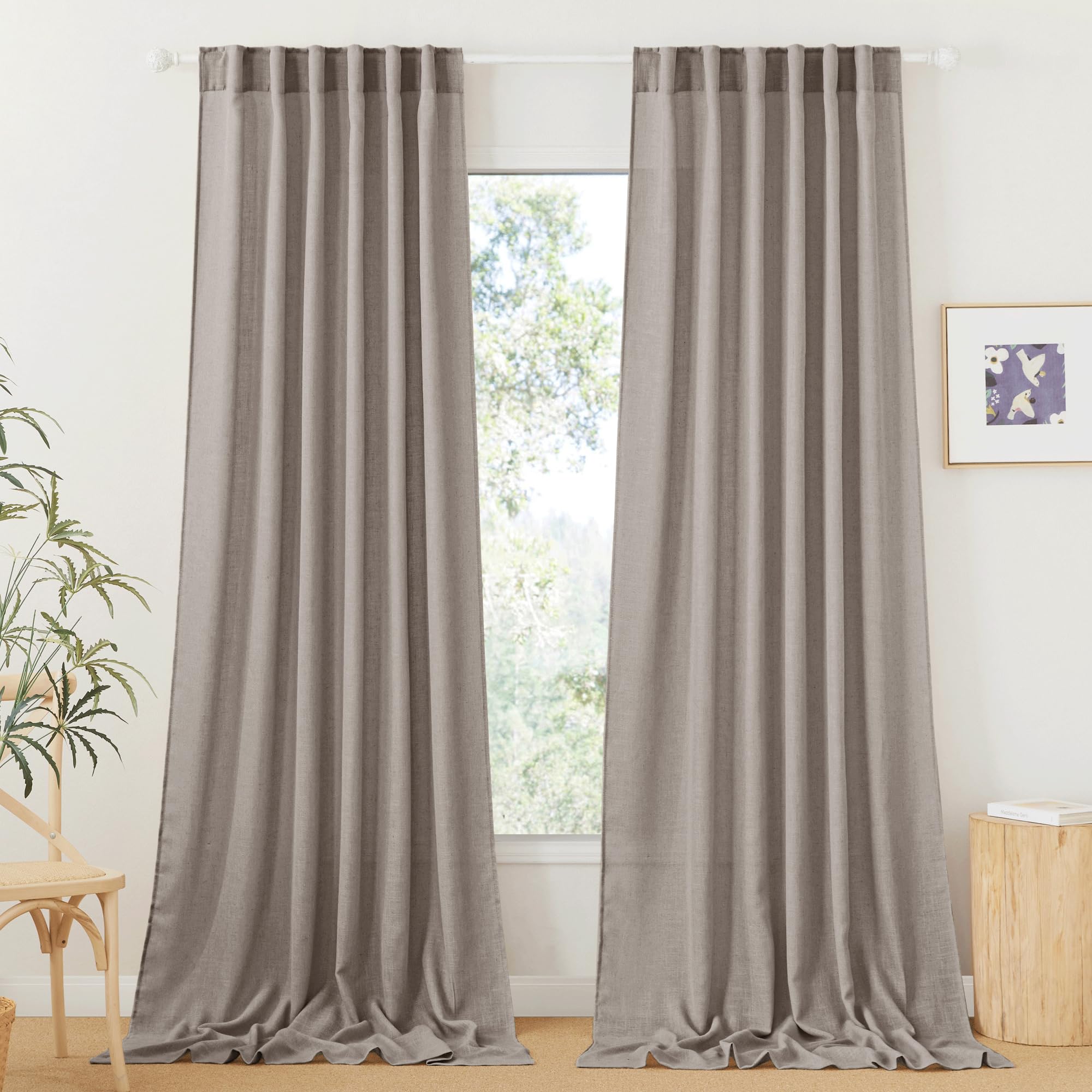 RYB HOME Linen Sheer Curtains and Drapes for Living Room 108 inches Length, Breathable Back Tab/Rod Pocket Semi Sheer Curtains, Oatmeal, W 52 x L 108 inches, 2 Panels Set
