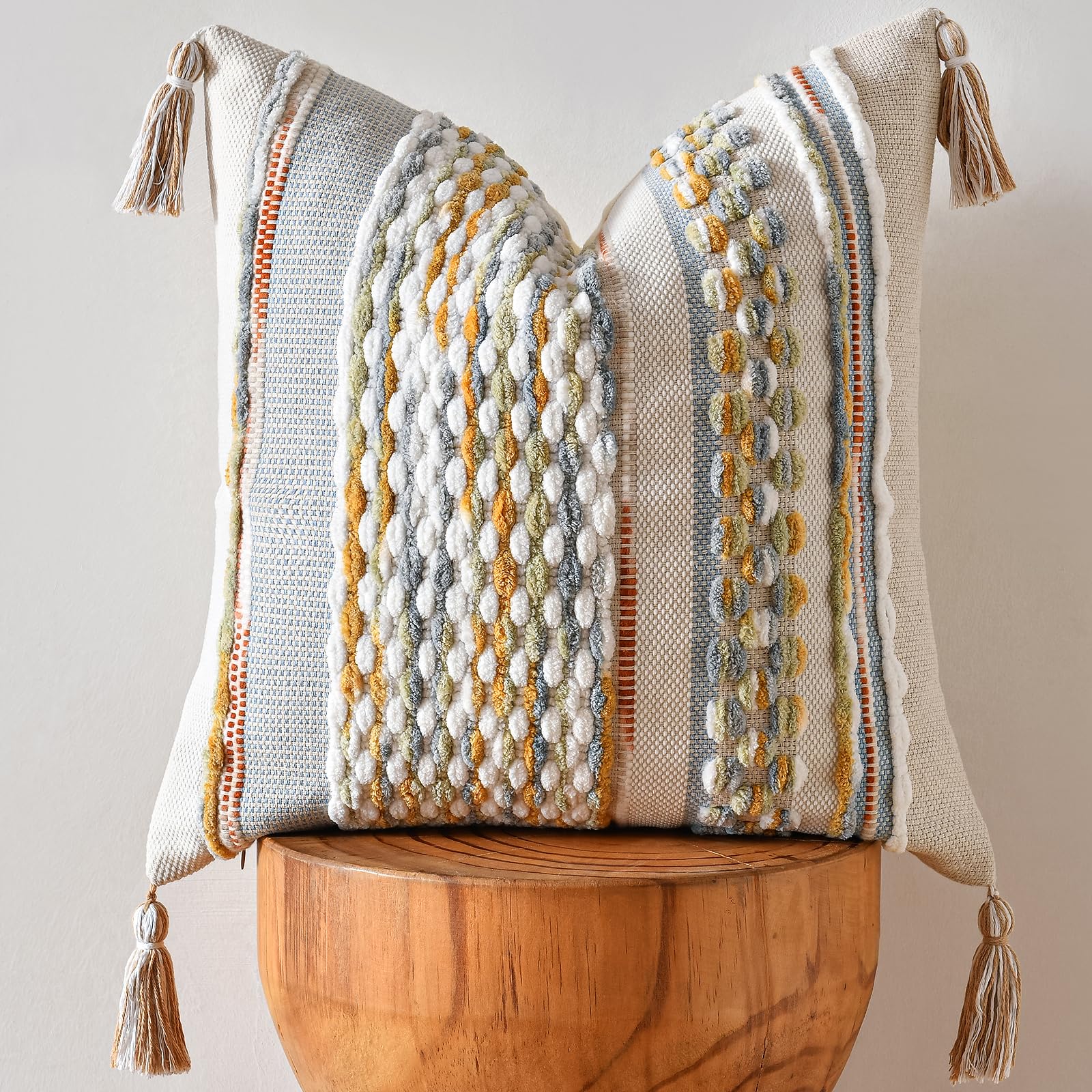 AmHoo Set of 2 Chenille Striped Tufted Textured Boho Throw Pillow Covers Aesthetic with Tassels Woven Decorative Pillow Case for Couch Bed Sofa Bedroom Modern Funky 18 x 18-Inch Brown White