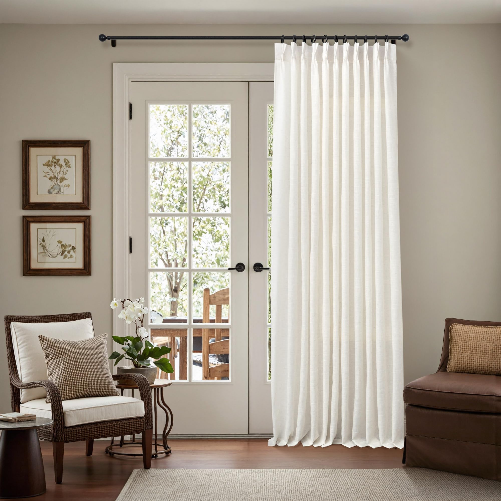 Natural Pinch Pleated Linen Cream Curtains 84 Inch Length 2 Panels for Living Room Bedroom Ivory Semi Sheer Light Filtering Modern Farmhouse Boho Neutral Rustic Long Drapes Back Tab Pleat Hooks Rings