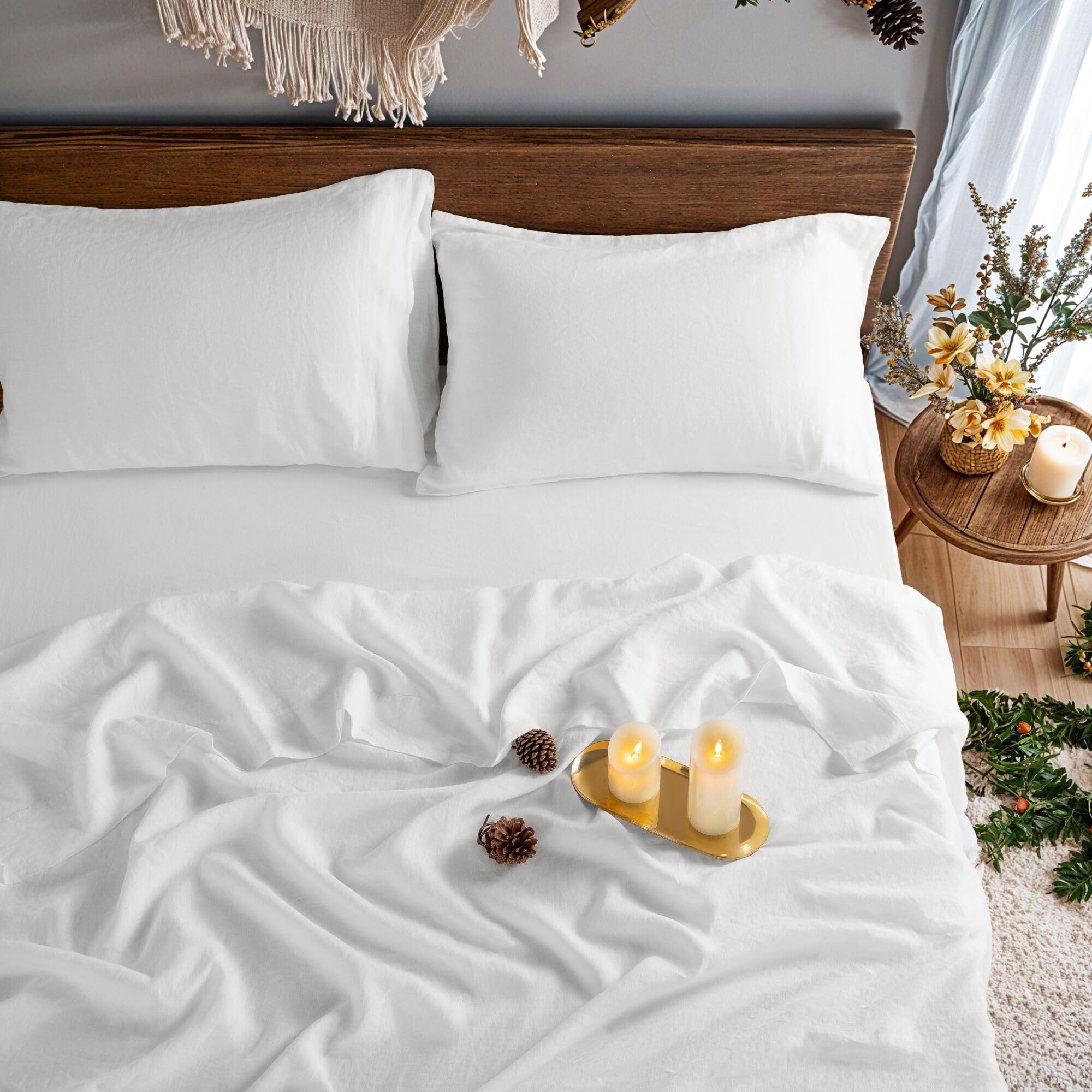 100% Pure Linen Sheet Set for Hot Sleepers, Breathable Natural Linen Sheets 4pcs, Bedding Set Deep Pocket Up to 16" Moisture-Wicking, Softens with Every Wash (Linen Queen)