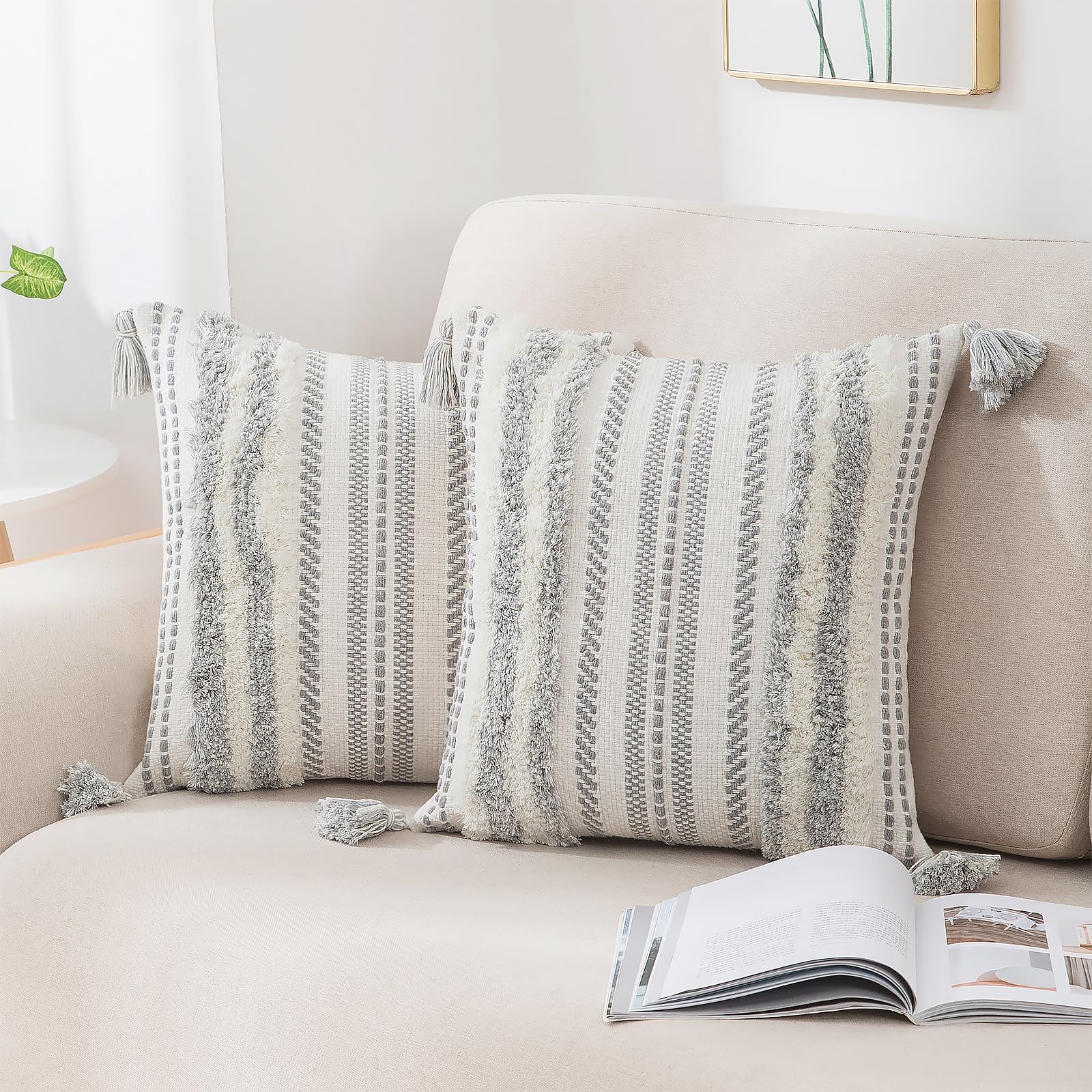 decorUhome Summer Decorative Boho Throw Pillow Covers 18x18 Set of 2, Accent Neutral Textured Tufted Pillow Covers Striped for Couch Bed Sofa Living Room, Khaki and Cream White