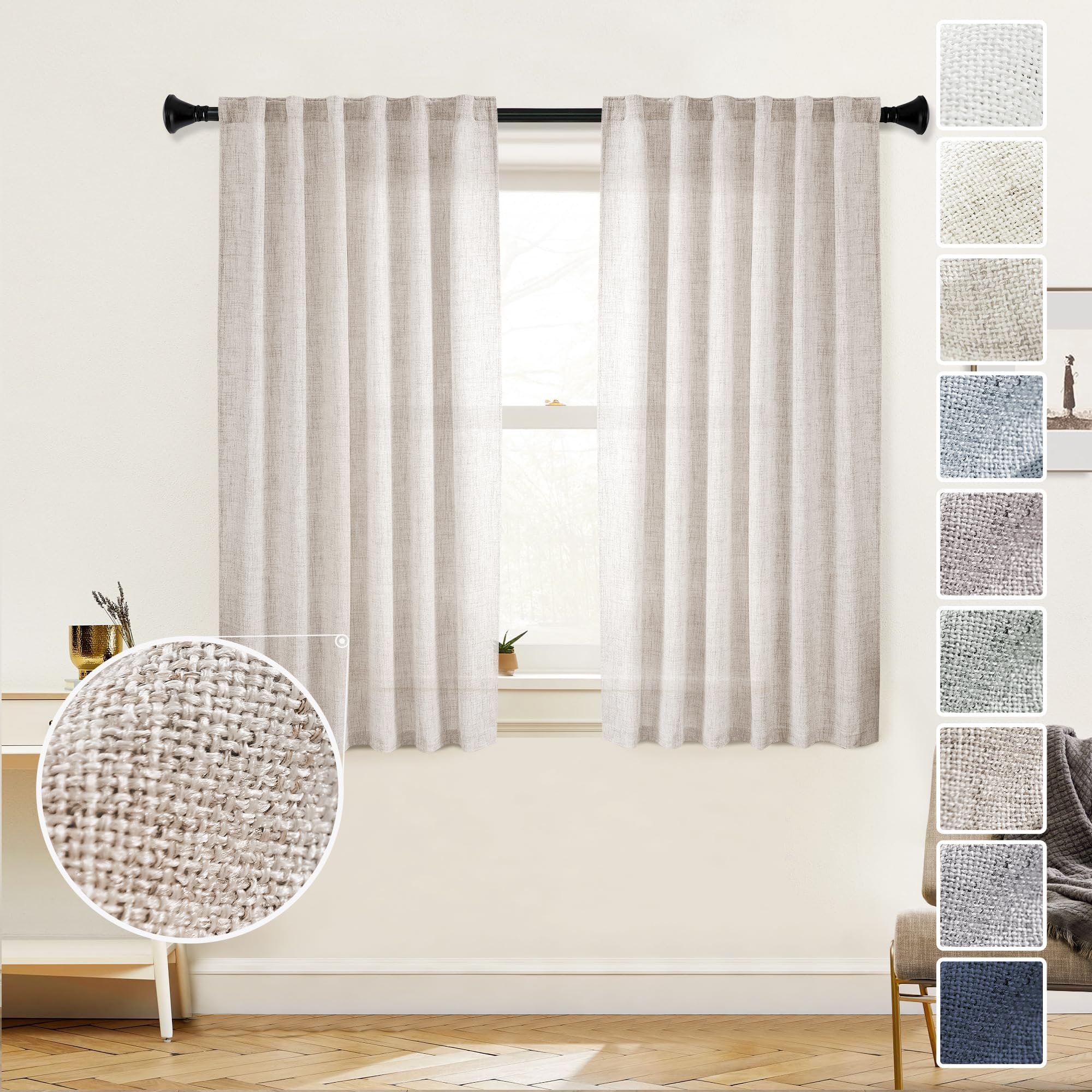 Natural Linen Back Tab Curtains 92 inch Long 2 Panels Set for Living Room Semi Sheer Light Filtering Window Drape Neutral Country Farmhouse Boho Curtains for Bedroom Cream Beige