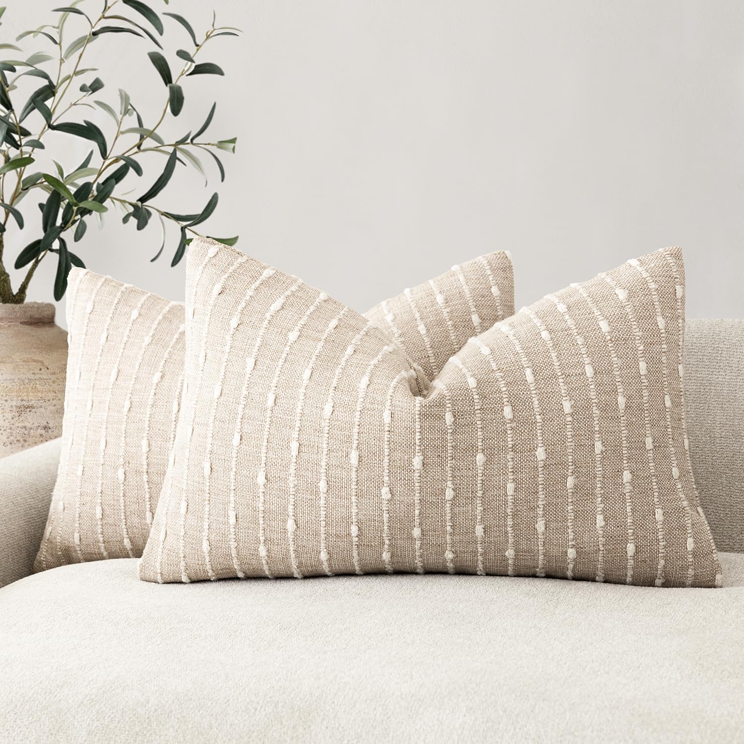 Foindtower Pack of 2 Decorative Jacquard Boucle Throw Pillow Covers Accent Textured Striped Pillowcases Soft Boho Modern Cushion for Couch Sofa Bedroom Living Room Home Decor 22x22 Inch Natural Beige