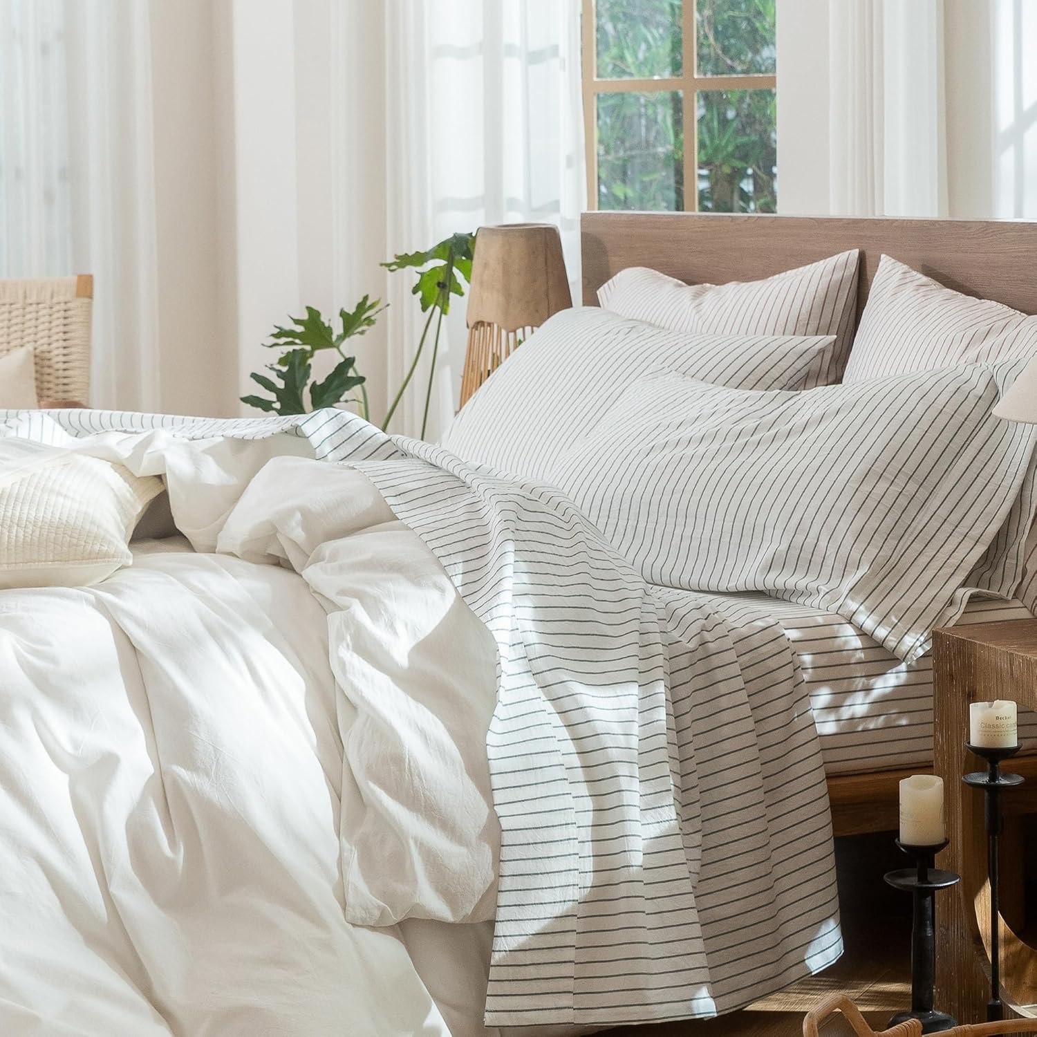 MooMee Bedding Sheet Set 100% Washed Cotton Linen Like Textured Breathable Durable Soft Comfy (Heathered Green, Queen)