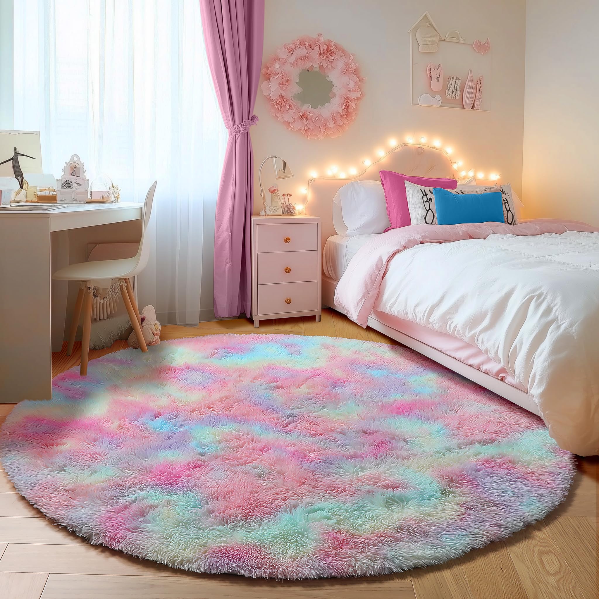 ONASAR Tie-Dyed Dark Grey Round Area Rugs 5ft, Ultra Soft Bedroom Circle Rug for Kids Girls Teen Room, Fluffy Plush Shaggy Carpet Floor Mats for Baby Nursery Living Room Playroom Home Decor