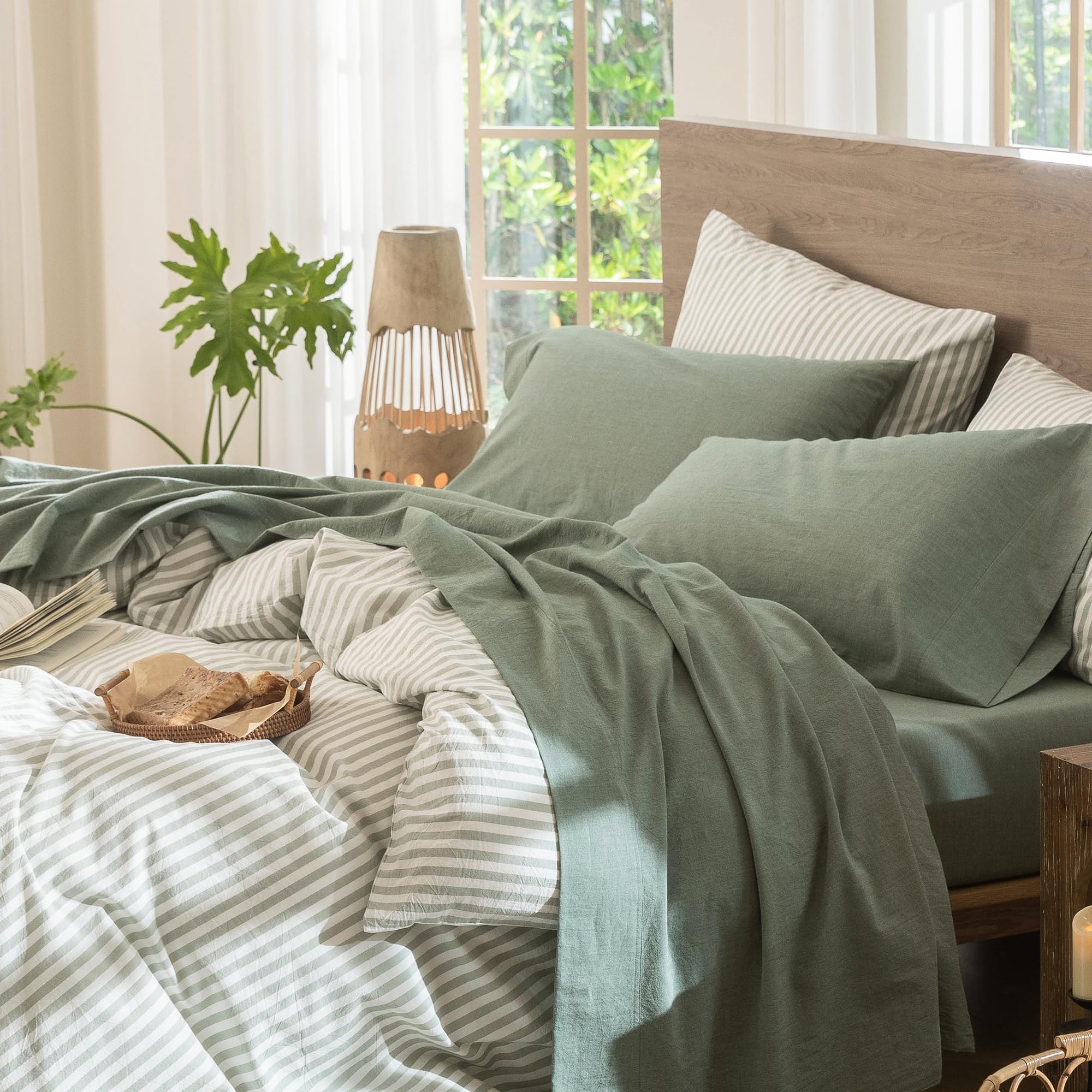 MooMee Bedding Sheet Set 100% Washed Cotton Linen Like Textured Breathable Durable Soft Comfy (Heathered Green, Queen)