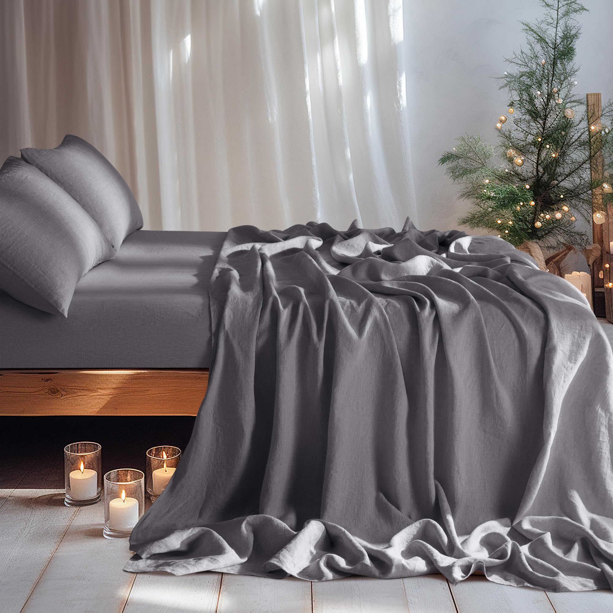 LBRO2M 100% Linen Sheet Set Deep Pocket Fit Up to 19" Bed Sheets Sets, Natural Flax Beddings Soft, Breathable, Comfortable for All Year Round 4 Pcs Sheet Set (Queen, Linen)