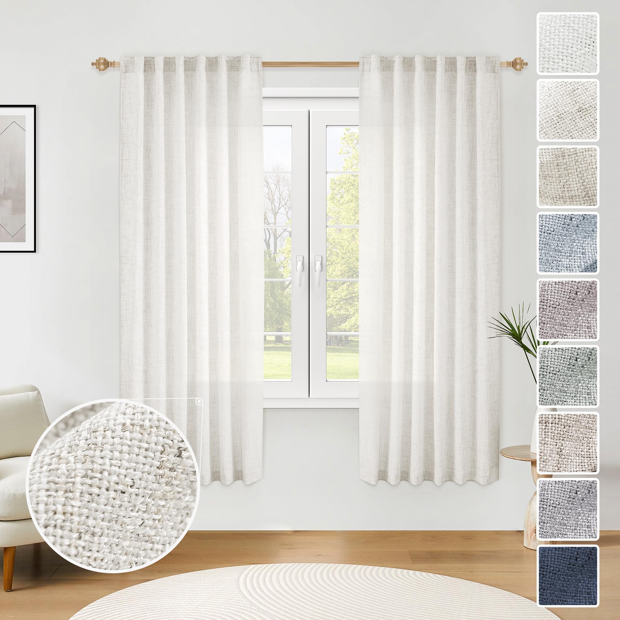 Natural Linen Back Tab Curtains 92 inch Long 2 Panels Set for Living Room Semi Sheer Light Filtering Window Drape Neutral Country Farmhouse Boho Curtains for Bedroom Cream Beige